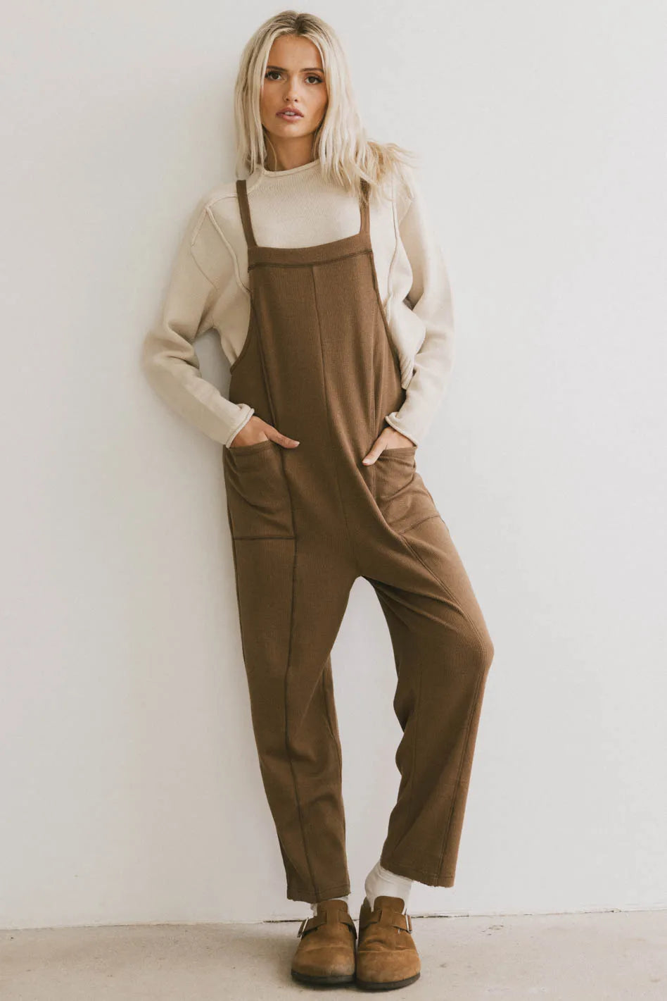 Kestrel Knit Overalls for Women - Mocha Brown Jumpsuit Romper with Pockets | Cozy & Stylish Casual Wear for Outings, Dates, and Weekend Outings