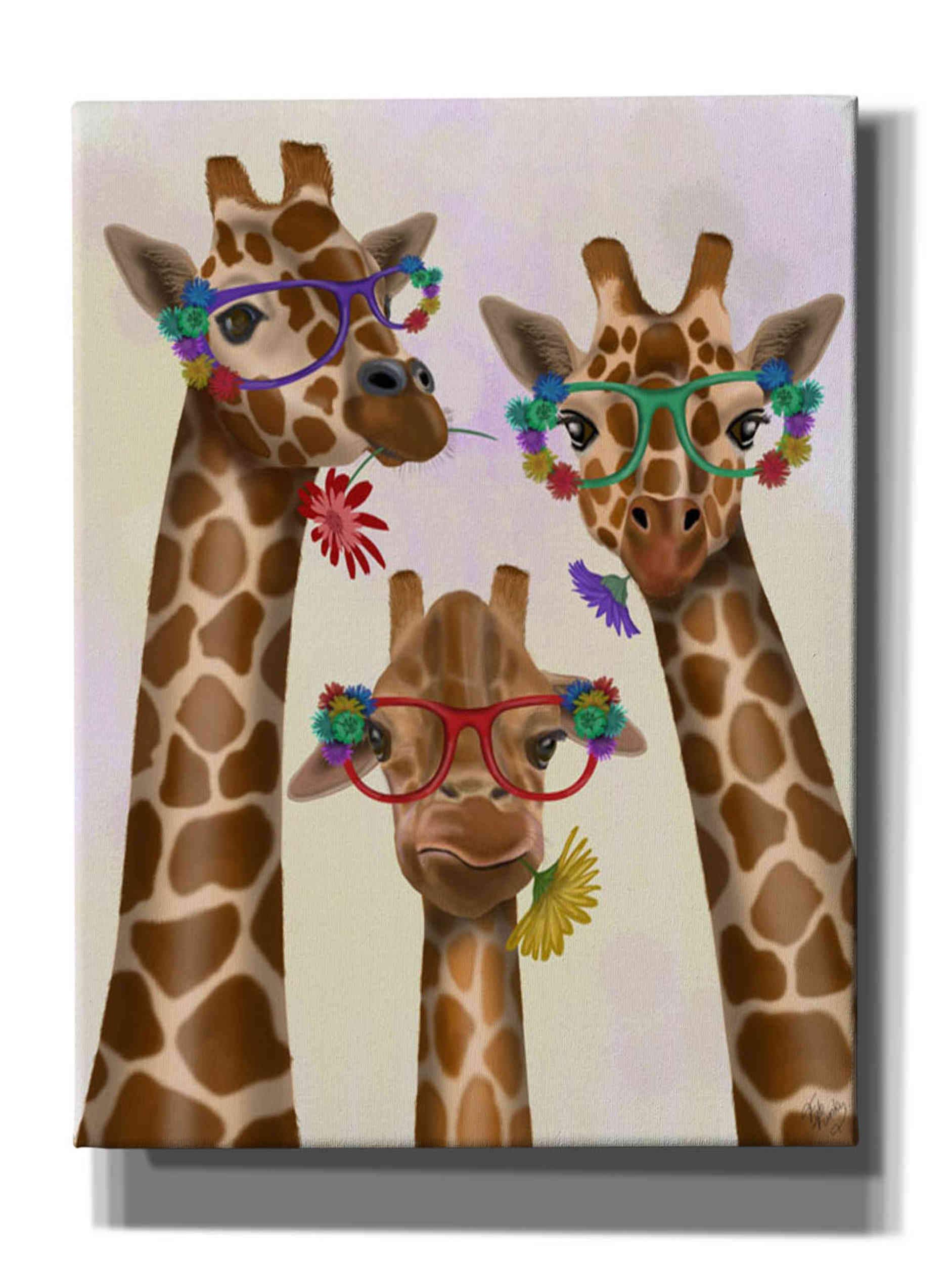 Giraffe and Flower Canvas Wall Art Set of 3 - 26x34 Inch Modern Home Decor for Living Room, Bedroom & Office - Vibrant Animal Print Paintings by Fab Funky