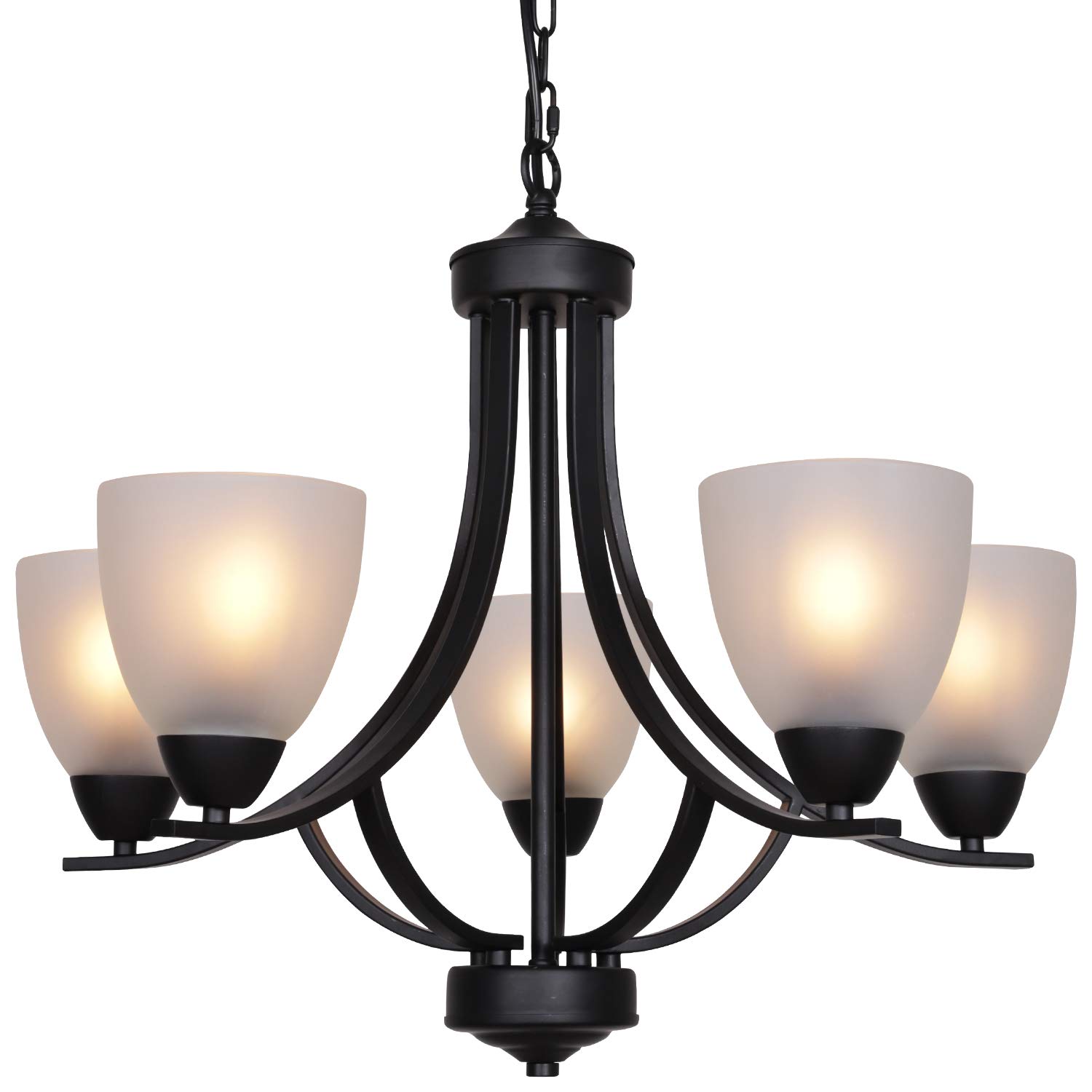 VINLUZ 5-Light Modern Chandelier with Alabaster Glass Shade, Black Rustic Ceiling Pendant Light - Mid Century Contemporary Lighting Fixture for Dining Room, Living Room, Bedroom, Foyer & Entryway | Perfect for Farmhouse, Industrial & Vintage Home Decor