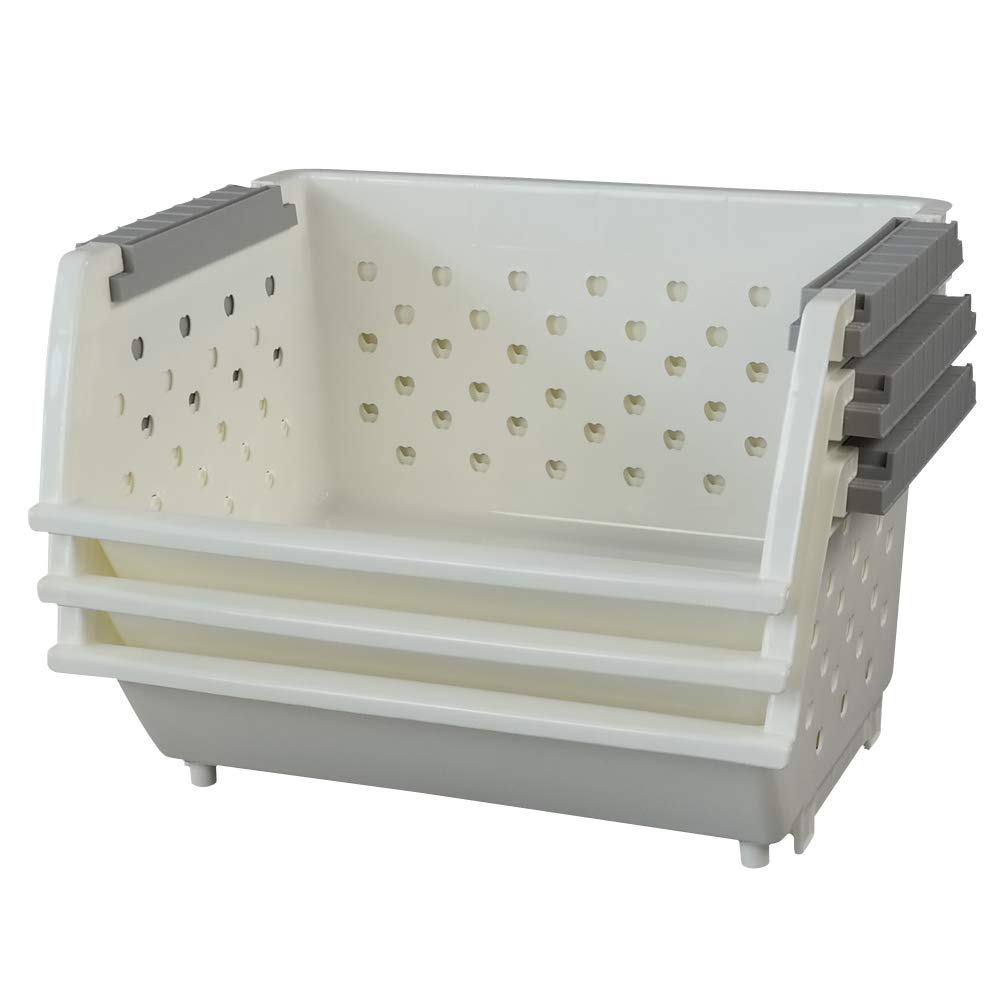 Fiaze 3-Pack White Plastic Stackable Kitchen Storage Baskets & Bins with Open Front - Perfect for Pantry Organization, Cabinet Storage, and Home Decluttering