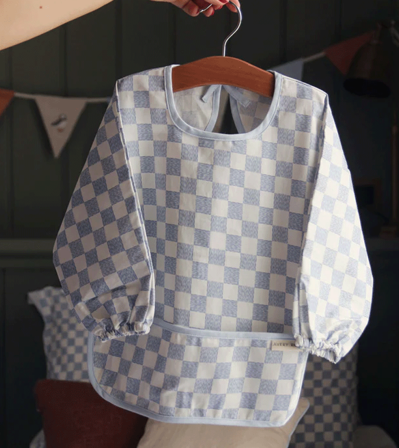 Avery Row Blue Check Sleeved Bib - Stylish and Comfortable Baby Feeding Bib with Adjustable Sleeves - Perfect for Mealtime, Messy Play, and Toddler Snacks