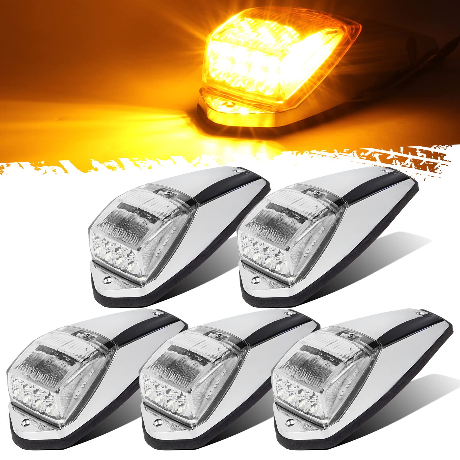 Partsam 5-Piece Clear Lens 31-LED Amber Cab Marker Roof Running Lights with Chrome Base - Compatible with Peterbilt, Kenworth, Freightliner, Western Star, Mack, International & Paccar Semi Trucks - Ideal for Truck Roof Safety Lighting & Night Visibility