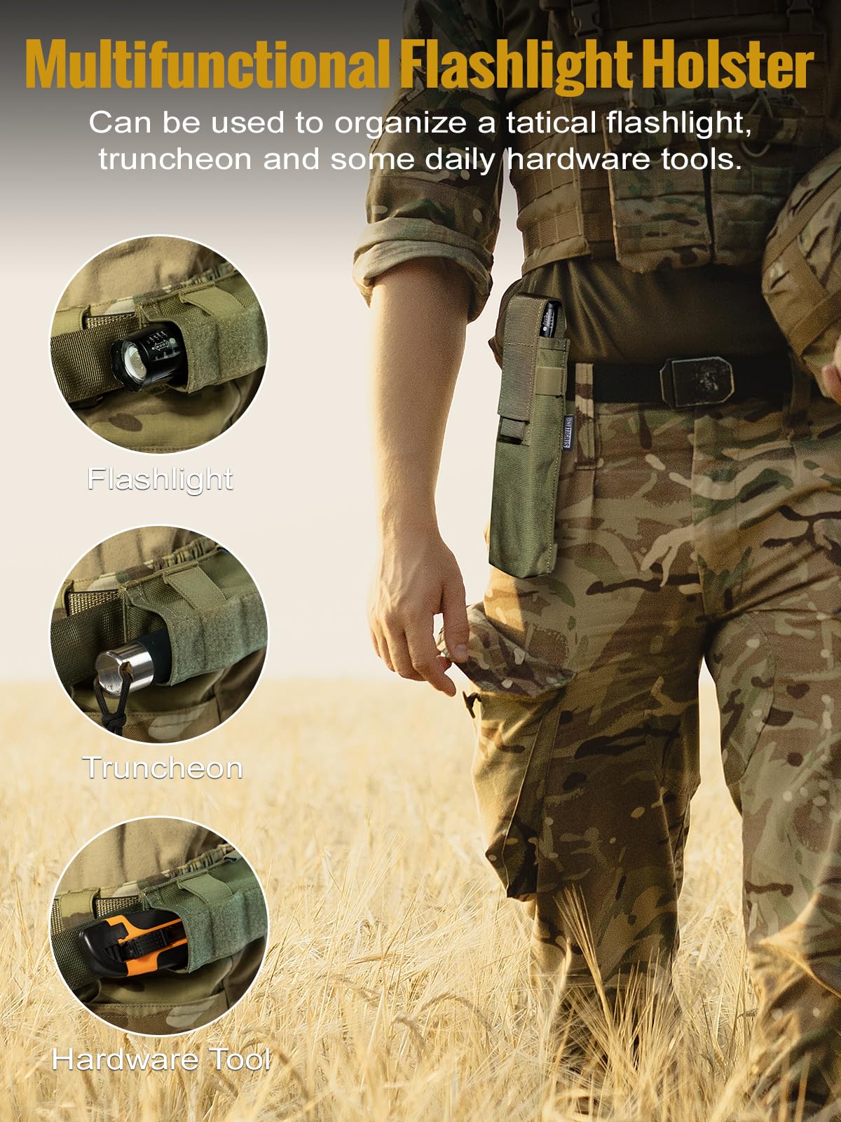 OneTigris Tactical Flashlight Holster - MOLLE Compatible Belt Pouch with Adjustable Capacity for Flashlights, Hammers & Tools | Durable X-Sheath Design for Outdoor, Camping, Hiking & Emergency Use