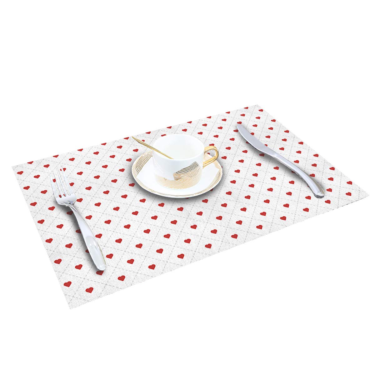 Valentine's Day Linen Placemats Set of 4 - Non-Slip Washable Kitchen Table Mats for Dining with Romantic Hearts Lattice Design | Perfect for Anniversary Dinners, Date Nights & Holiday Decor