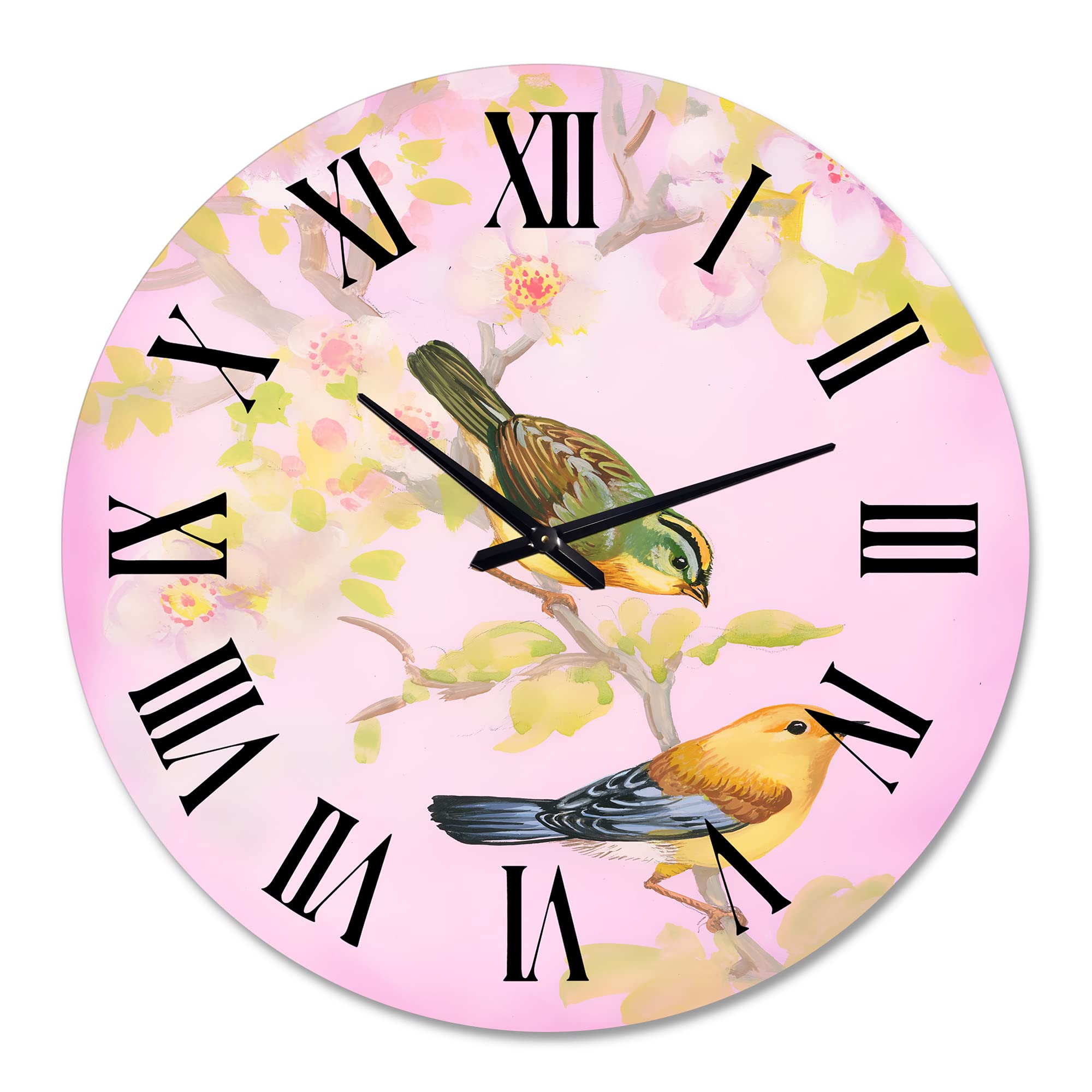 DesignQ Traditional Wall Clock - Beautiful Bright Birds on Branch, Large Decorative Clock for Living Room, Bedroom, Office | Perfect for Home Decor & Gift Giving