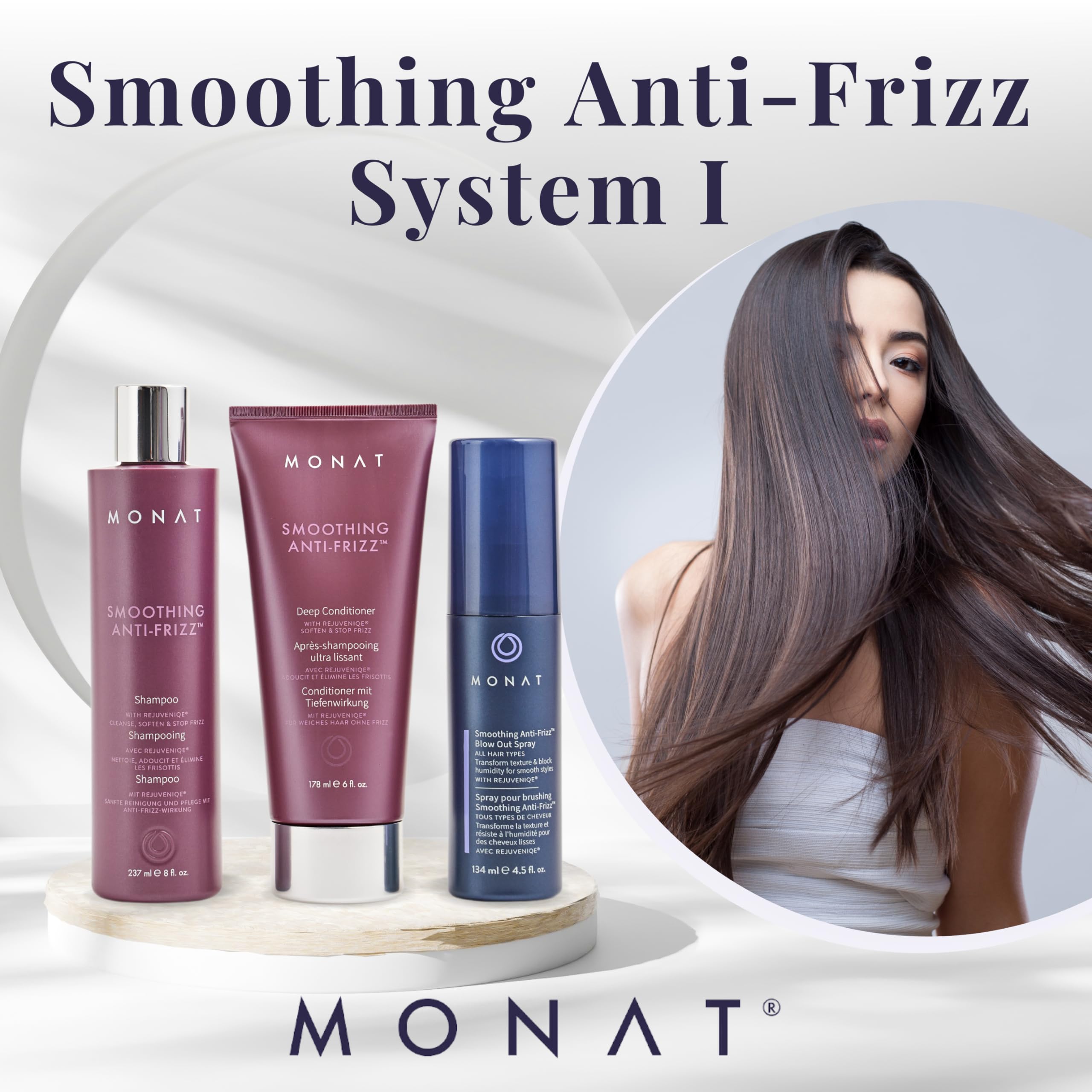 MONAT Smoothing Anti-Frizz Hair Care System - Frizz Resistant Shampoo, Conditioner & Styling Spray for Smooth, Shiny Hair - Professional Hair Therapy for Frizz Control & Blowout Styling - Perfect for Daily Use, Salon-Quality Results at Home