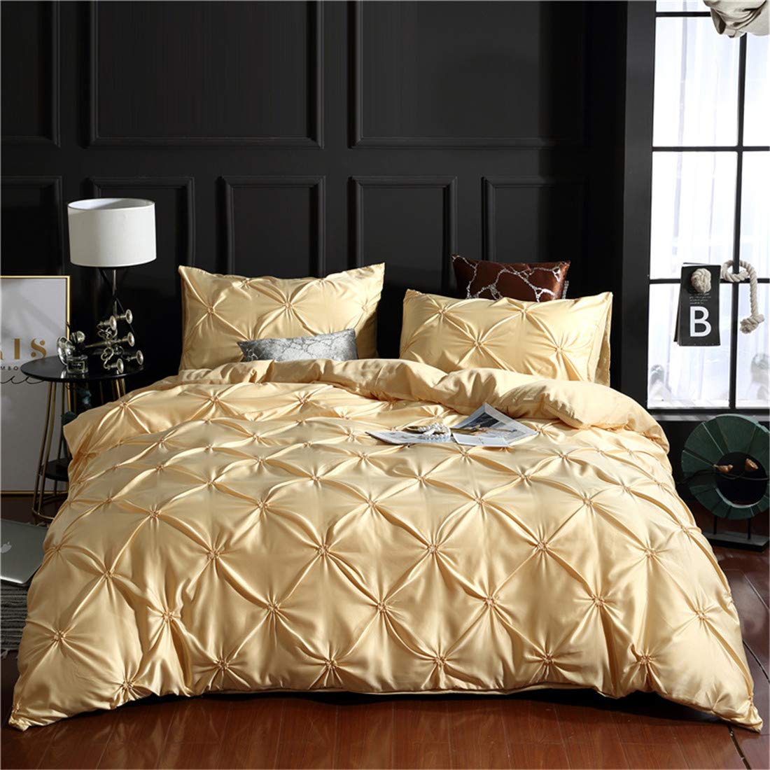 Luxury Champagne Pintuck Duvet Cover Set - Twin Size Silk-Like Satin Bedding with Zipper Closure & Corner Ties - Elegant Ruffle & Pintuck Design - Microfiber Comforter Cover for Master Bedroom, Guest Room or Dorm Decor