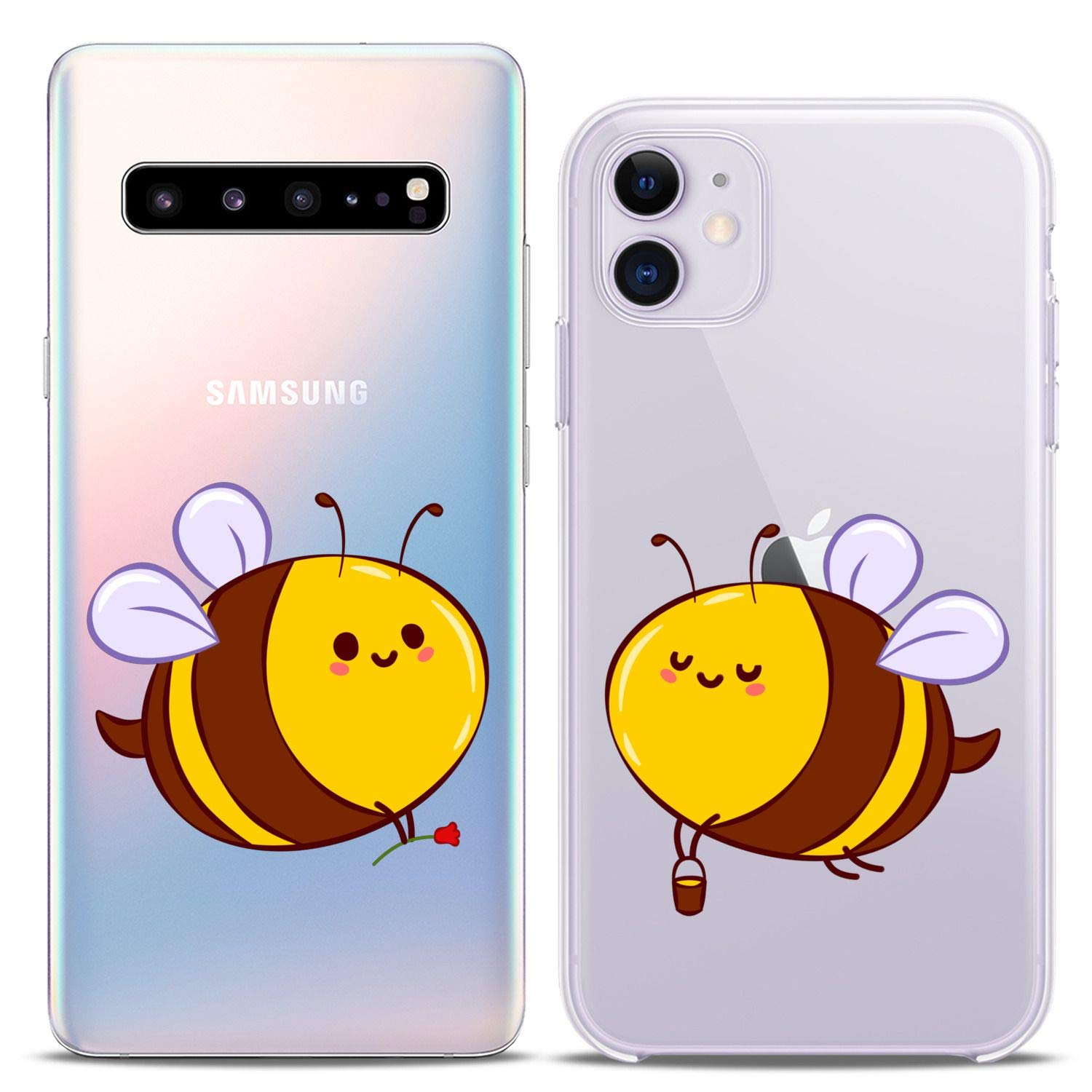 **Matching Couple Phone Cases for iPhone 16/15/14/13/12/11 Pro Max/Mini/XS/X/6s/8 Plus/7+/XR/10/SE/5 – Cute Cartoon Honeybee Design, Slim Clear Flexible Cover – Perfect for Couples, Gifts & Everyday Use**