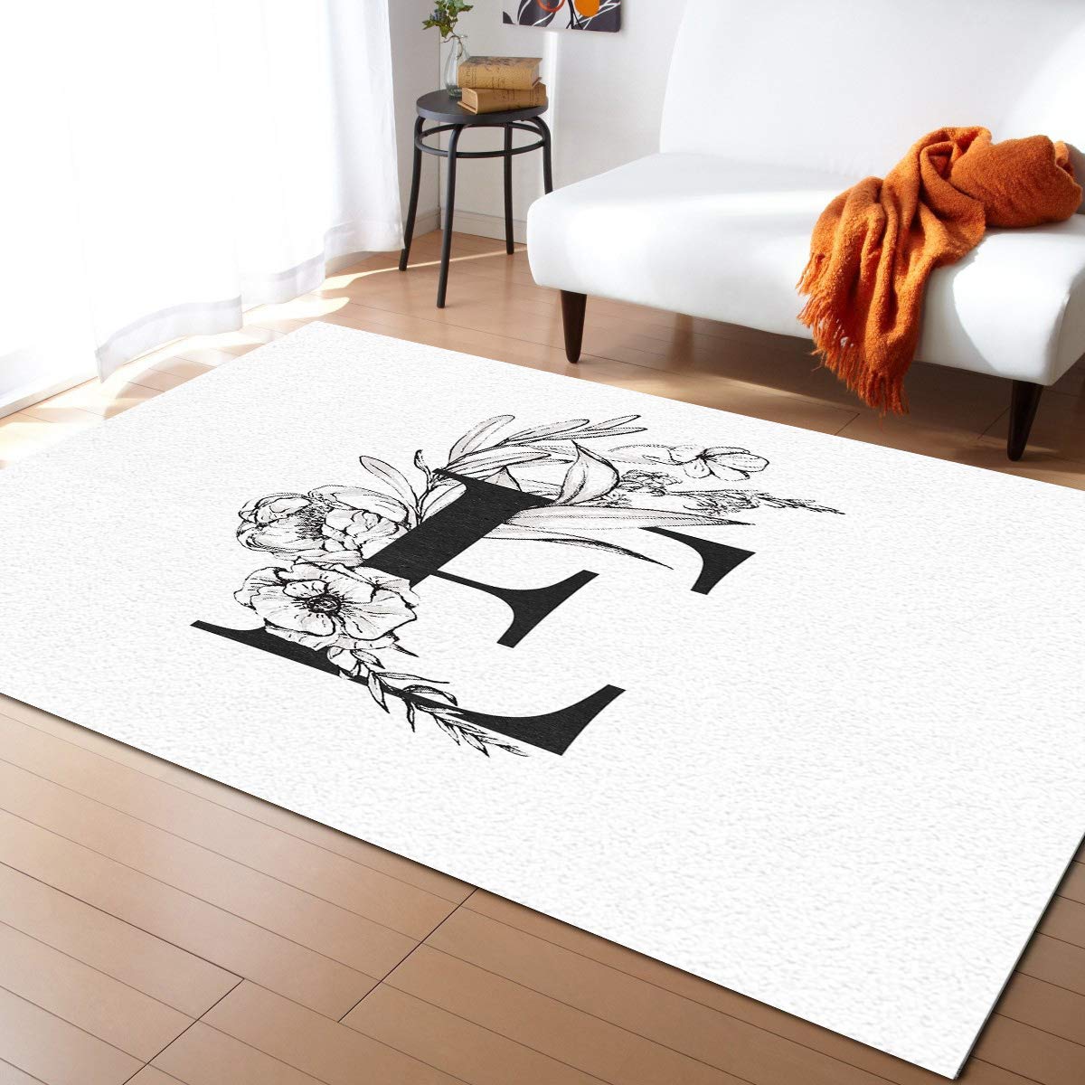 ARTSHOWING Floral Letter E Area Rug - 5' x 8' Non-Slip Decorative Carpet for Living Room, Bedroom & Kids Room | Durable Floor Mat for Home Decor | Perfect for Nursery, Dorm or Office Spaces