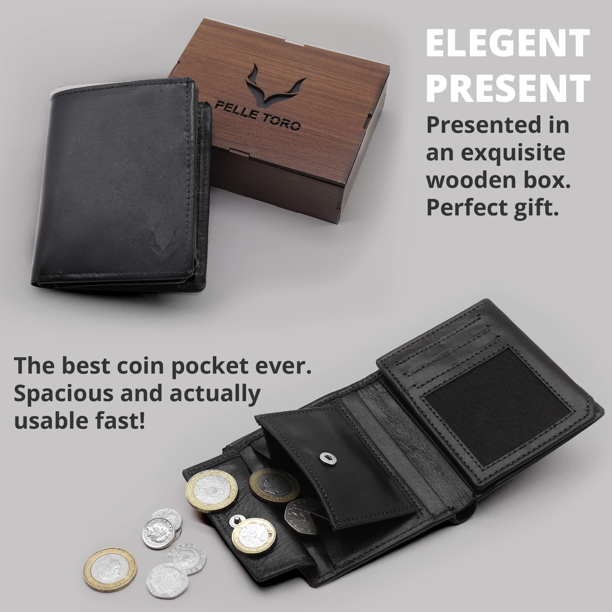 PELLE TORO Handmade Men's RFID Blocking Leather Wallet - Slim Napa Leather Bifold Wallet with 2 Cash Compartments, 13 Card Slots & ID Window - Perfect Gift for Dad, Husband, Boyfriend (Wooden Gift Box Included) | Ideal for Everyday Use, Travel & Business