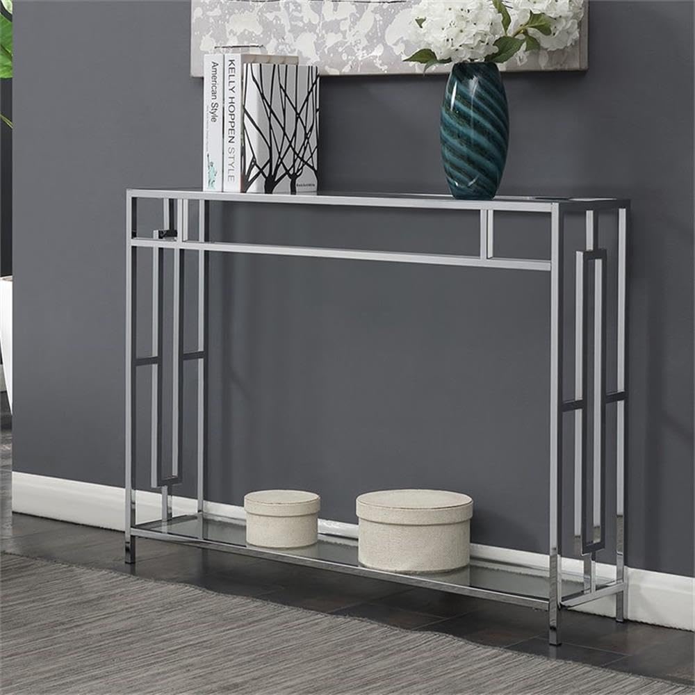Convenience Concepts Town Square Coffee Table - Modern Sofa Storage Shelf & Narrow Entryway Hall Table for Living Room, Bedroom, Bathroom - 42 Inch Glass & Chrome Console Table - Perfect for Small Spaces, Home Organization & Stylish Décor