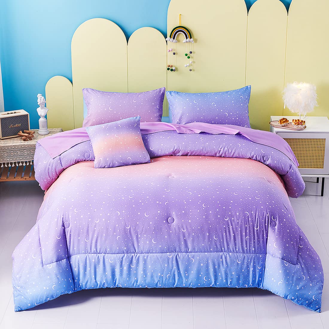 URBONUR 6-Piece Queen Size Girls' Bedding Set - Gradient Purple & Orange Glitter Moon Star Printed Comforter, Soft Breathable All-Season Bed in a Bag | Perfect for Teen Bedrooms, Sleepovers & Cozy Nights (Star Design)
