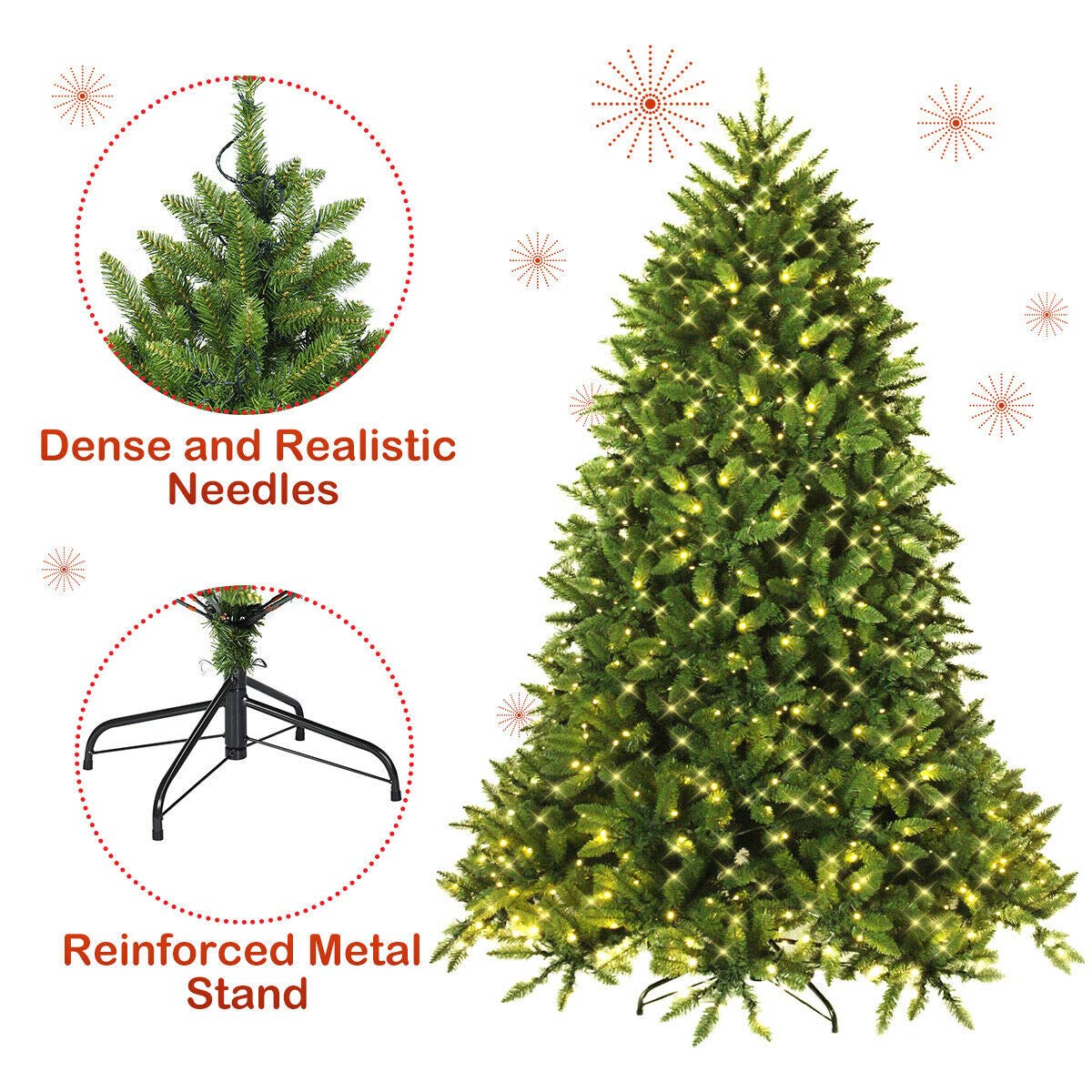 Goplus 7.5ft Pre-Lit Christmas Tree with 600 LED Lights - Premium Hinged Artificial Fir Tree with Metal Stand - Easy Assembly Holiday Decor for Home, Office & Party Decorations