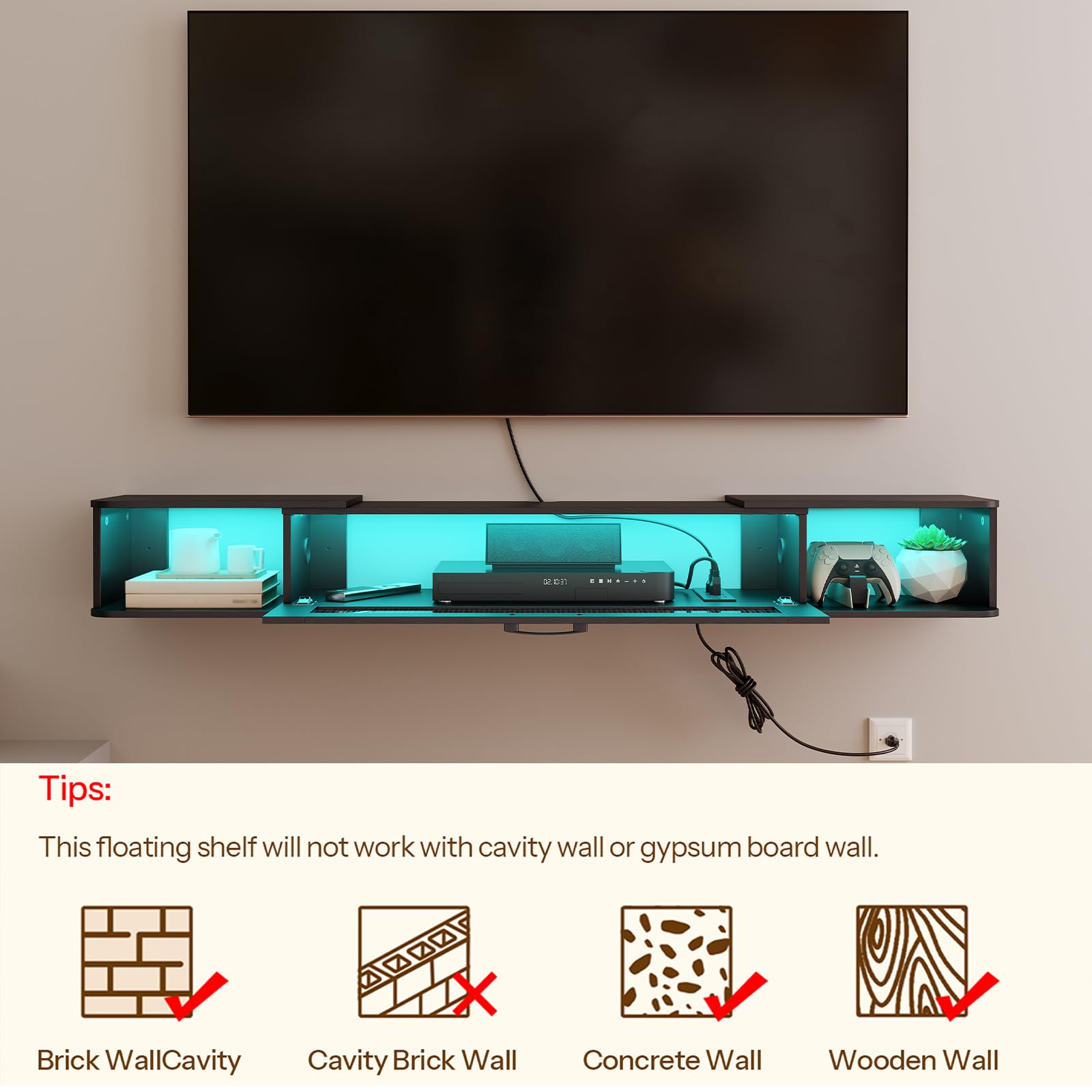 HOOBRO Floating TV Stand with LED Lights & Power Outlet for 75