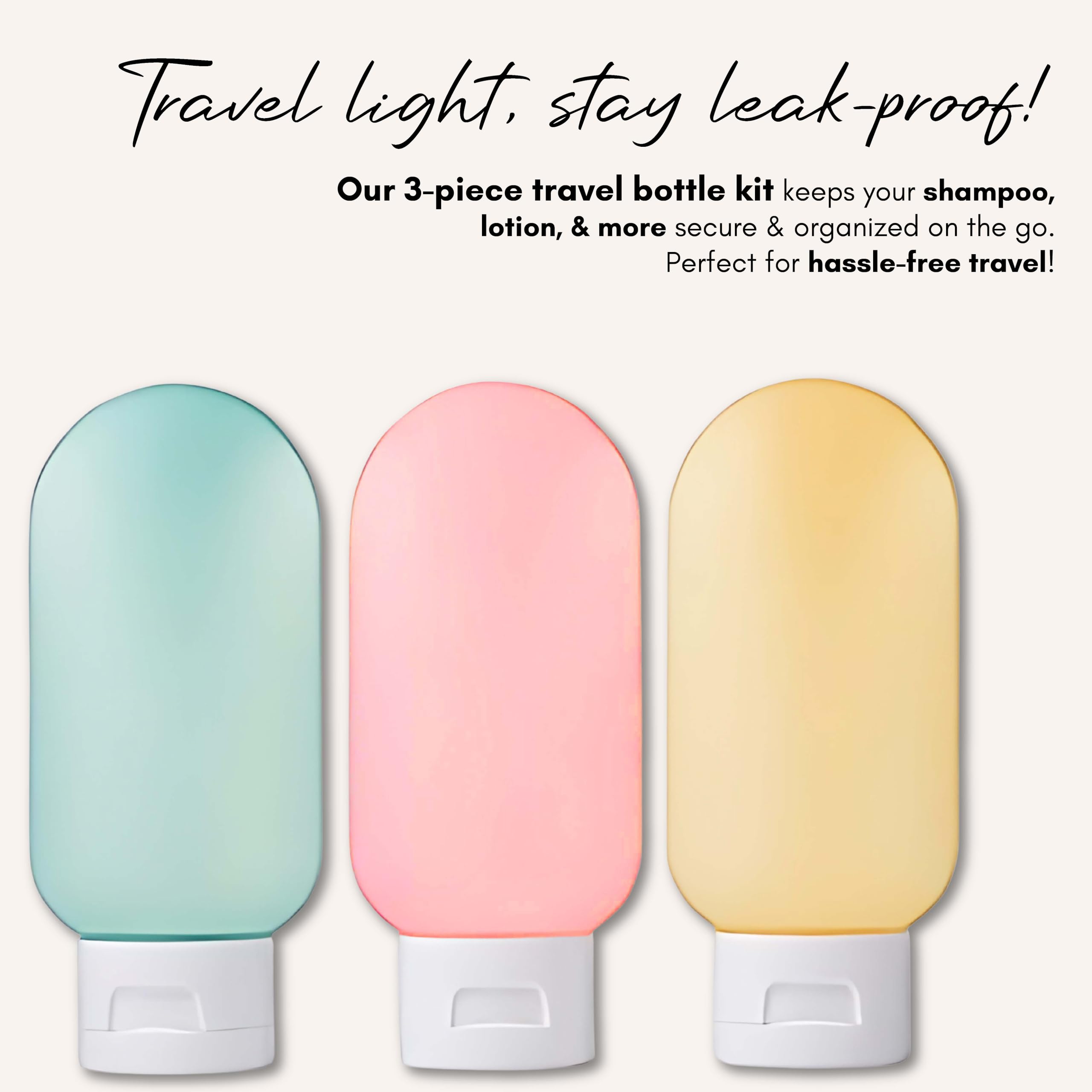 Beauté Secrets 3-Piece Travel Bottle Set - 60ML Leak-Proof Refillable Plastic Containers for Toiletries, Shampoo, Lotion, Cream & Gel | Perfect for Air Travel, Gym, Camping & Vacation Essentials (BS-HR-3)