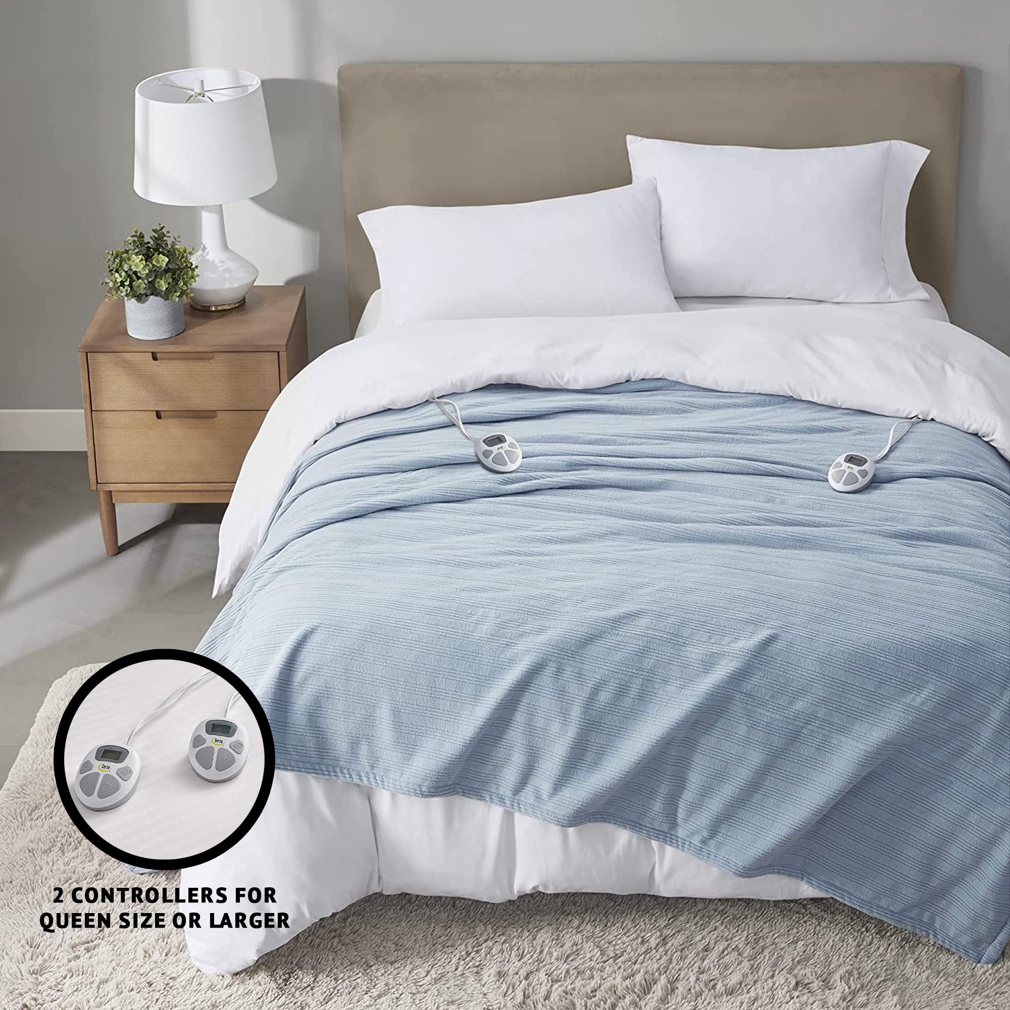 Serta Travis Fleece Ultra Soft Tri-Rib Electric Blanket - Fast Heating Queen Size with Auto Shut Off & Multi Heat Settings | Cozy Dusty Blue Winter Blanket for Bed, Couch & Cold Weather Snuggling
