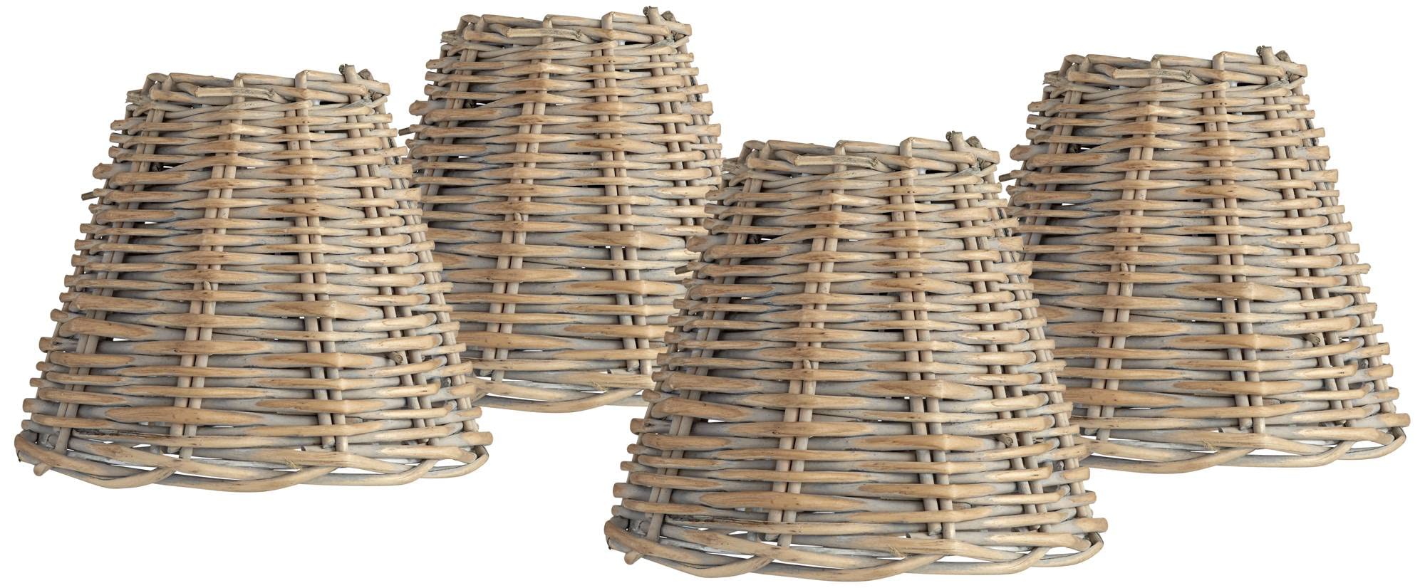 Set of 4 Empire Style Chandelier Lamp Shades - Natural Wicker Weave Cottage Lighting in Distressed Light Gray - 3