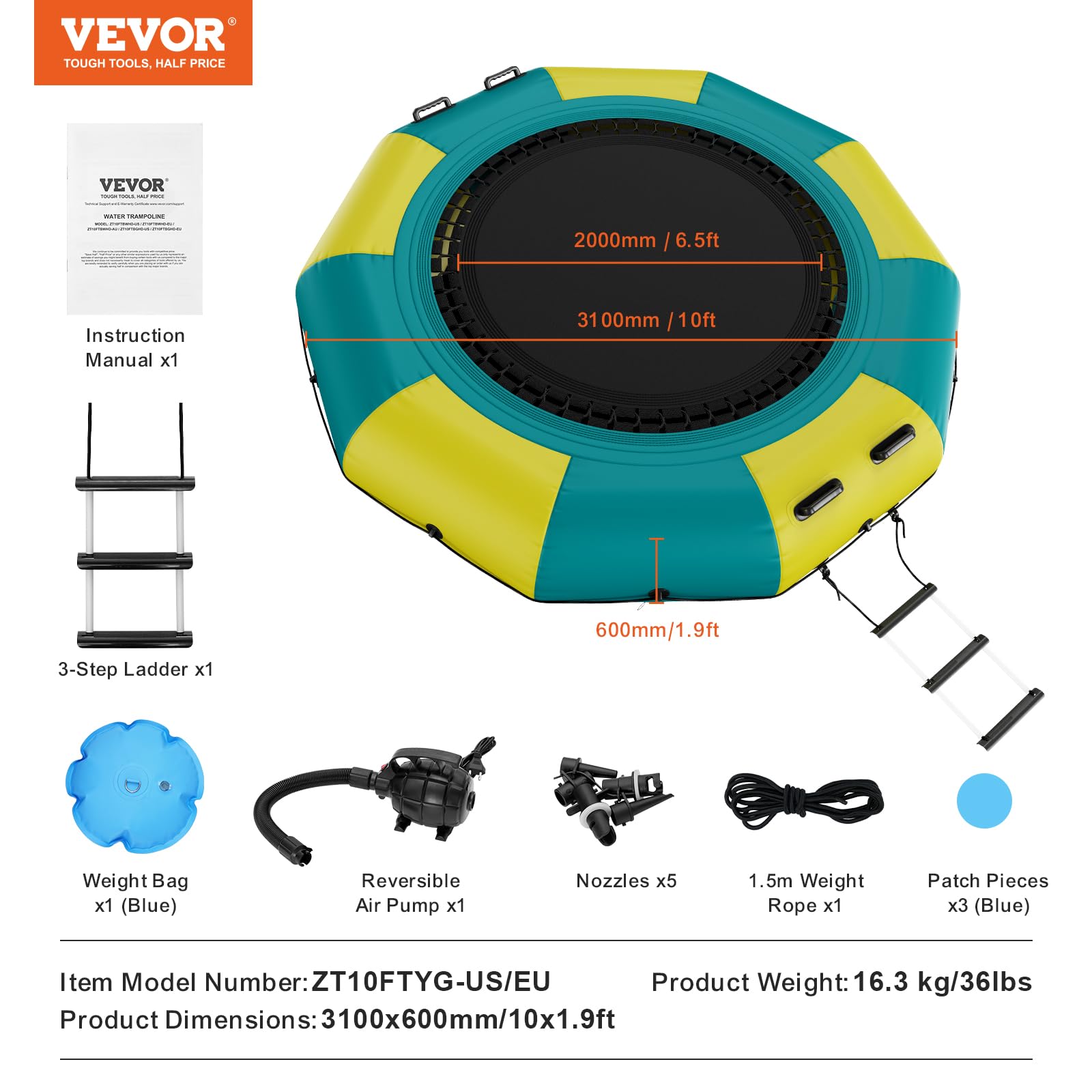 VEVOR 10ft Inflatable Water Bouncer - Portable Water Trampoline with Electric Air Pump & 3-Step Ladder - Floating Rebounder for Kids & Adults - Perfect for Pool, Lake, Beach & Water Sports Fun