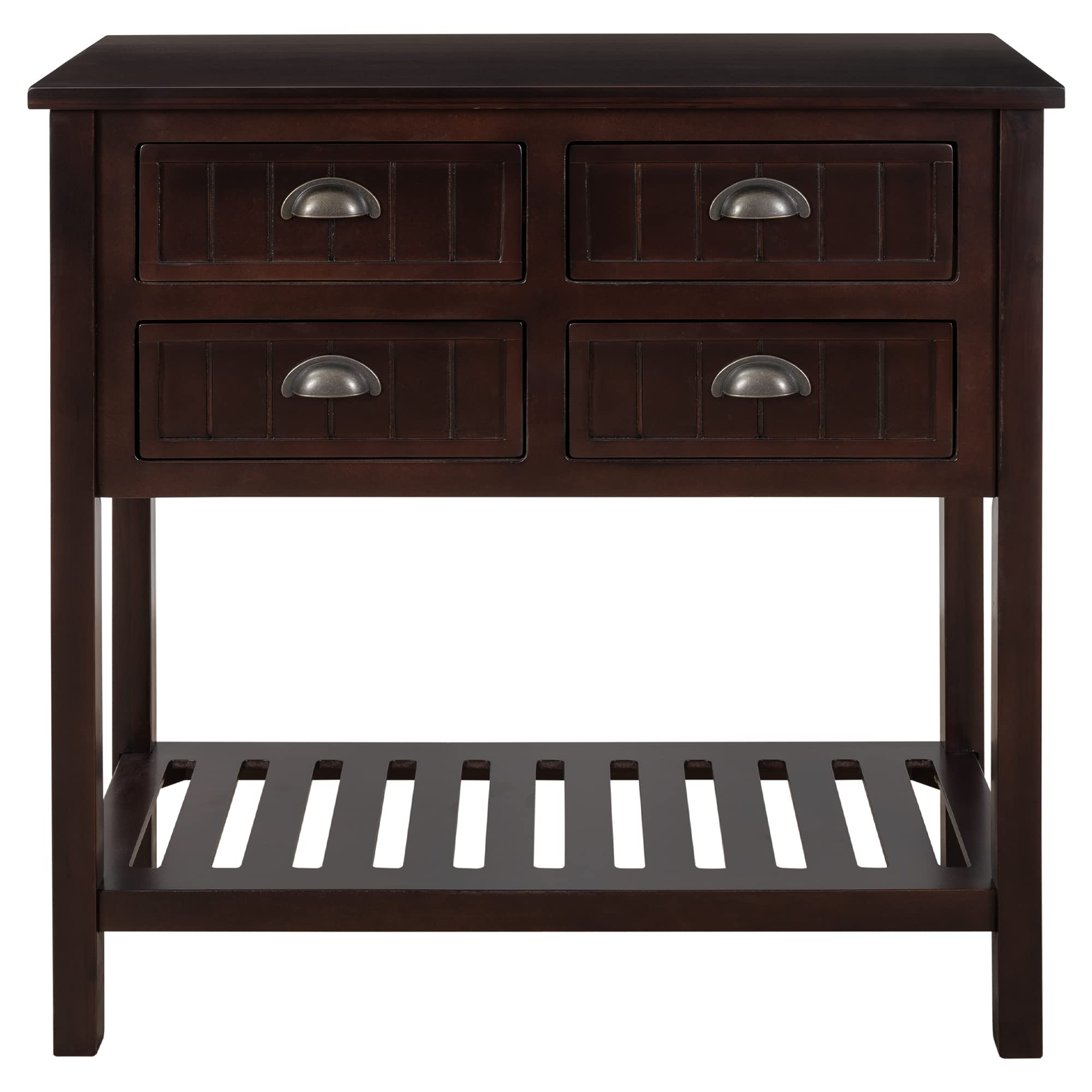 Modern Console Table with 4 Storage Drawers & Slatted Shelf - Sofa Table, Entryway Table, Hallway Side Table - Buffet Sideboard for Dining Room & Kitchen - Espresso Finish - Perfect for Living Room, Bedroom & Home Office Organization