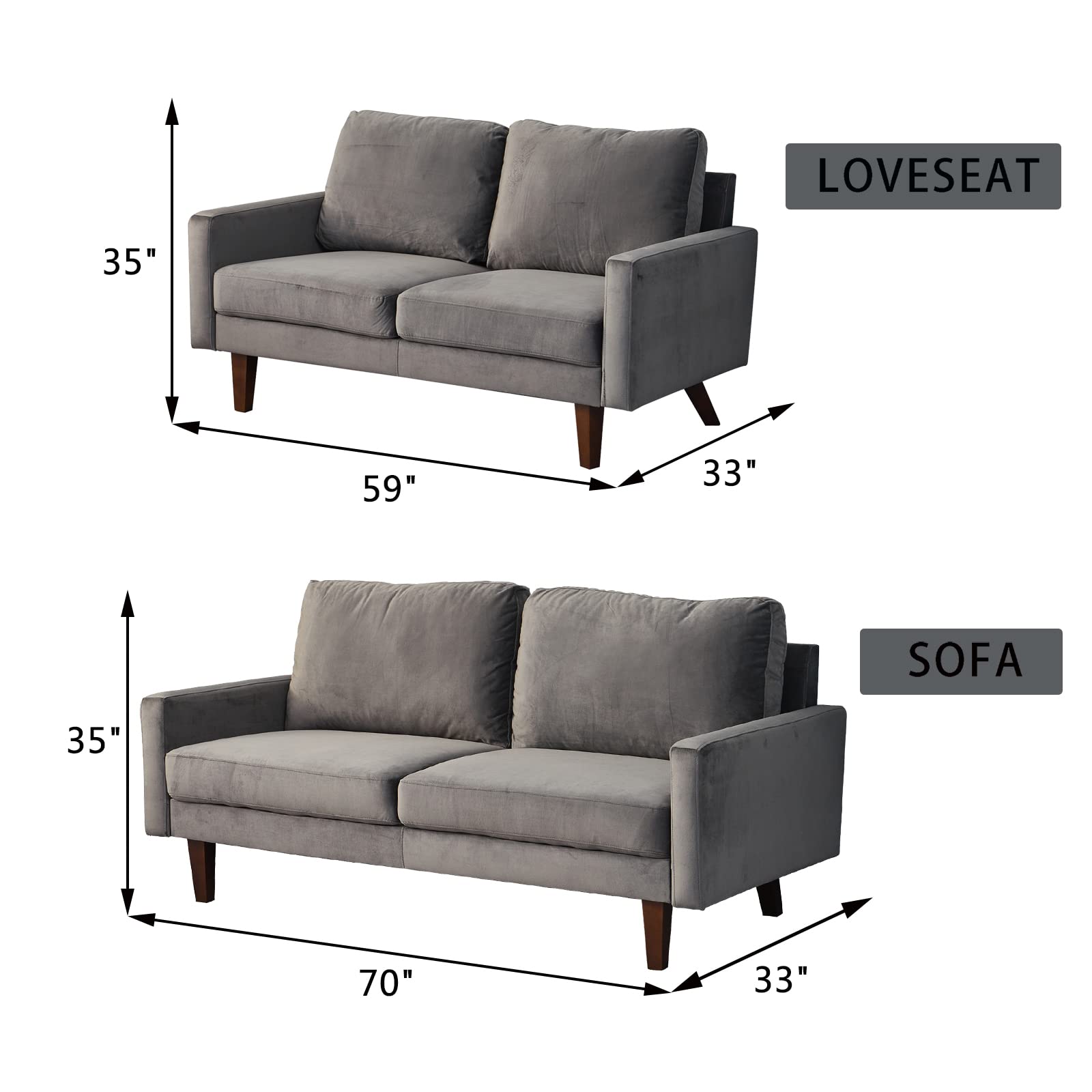 Mid-Century Modern Velvet Sofa Set with Tufted Cushions & Wooden Legs - Grey Living Room Furniture for Home Decor, Lounge & Entertainment Spaces