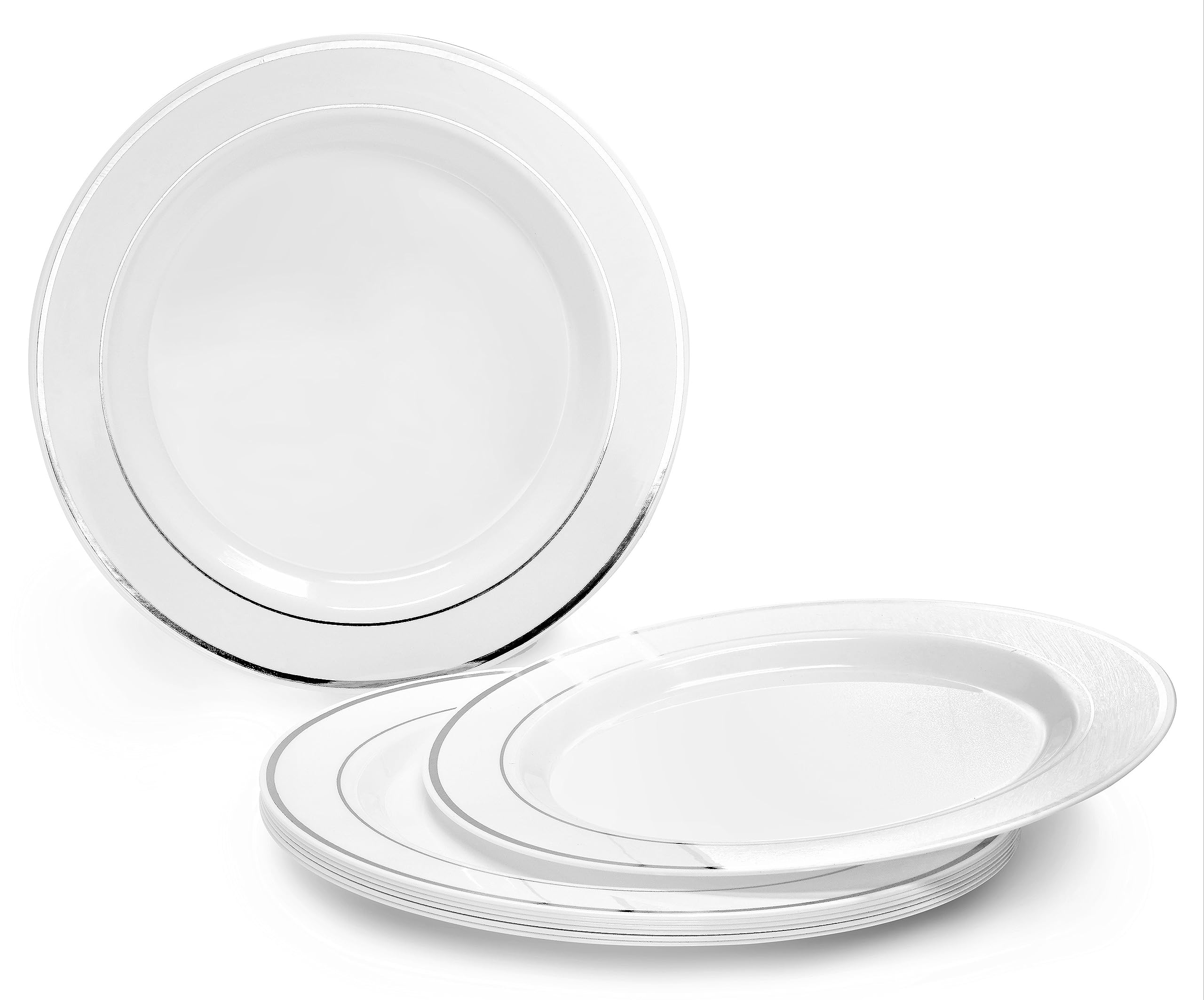 640-Piece Heavyweight Disposable Plastic Plate Set for Weddings & Parties - 80 x 10.5'' Dinner Plates + 80 x 7.5'' Dessert Plates + Silverware + Cups + Linen-Like Paper Napkins (White & Silver Rim) - Perfect for Large Gatherings, Bridal Showers & Catering Events