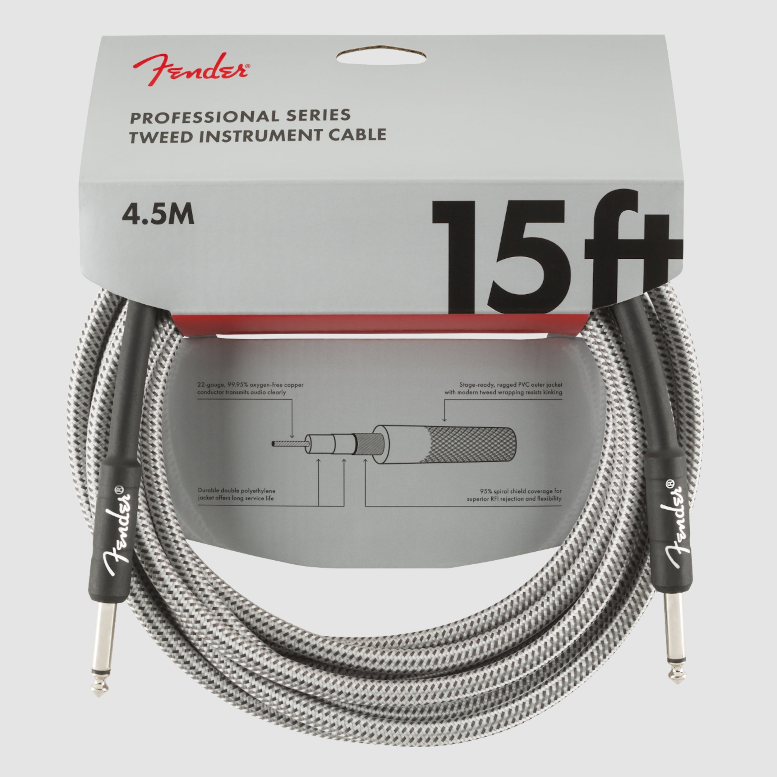 Fender Professional Series 15ft Instrument Cable - White Tweed Guitar Cable for Electric Guitar, Bass, Keyboard - Premium Shielded Audio Cable for Studio & Live Performances