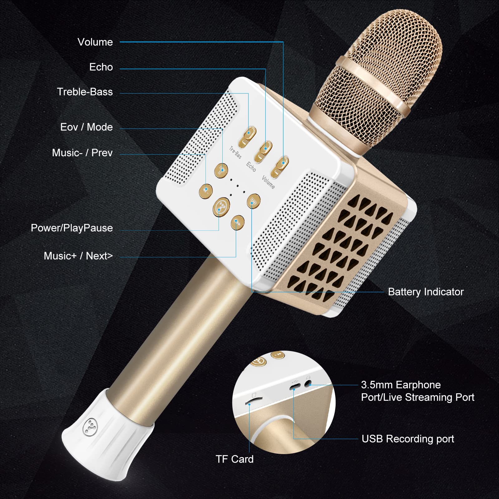 TOSING 016 Wireless Karaoke Microphone for Adults - 20W Bluetooth Speaker with Bass, 4000mAh Battery, Dual 58mm Woofer - Perfect for Home Singing, Podcasting & Parties (Gold)
