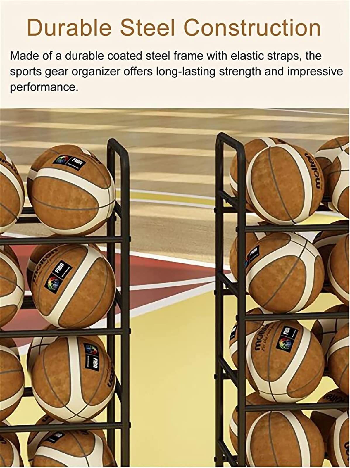 3-Tier Rolling Basketball Storage Rack - Heavy Duty Metal Sports Ball Organizer Cart for Garage, Gym or Playroom - Holds Soccer, Volleyball & Basketballs (White, 46