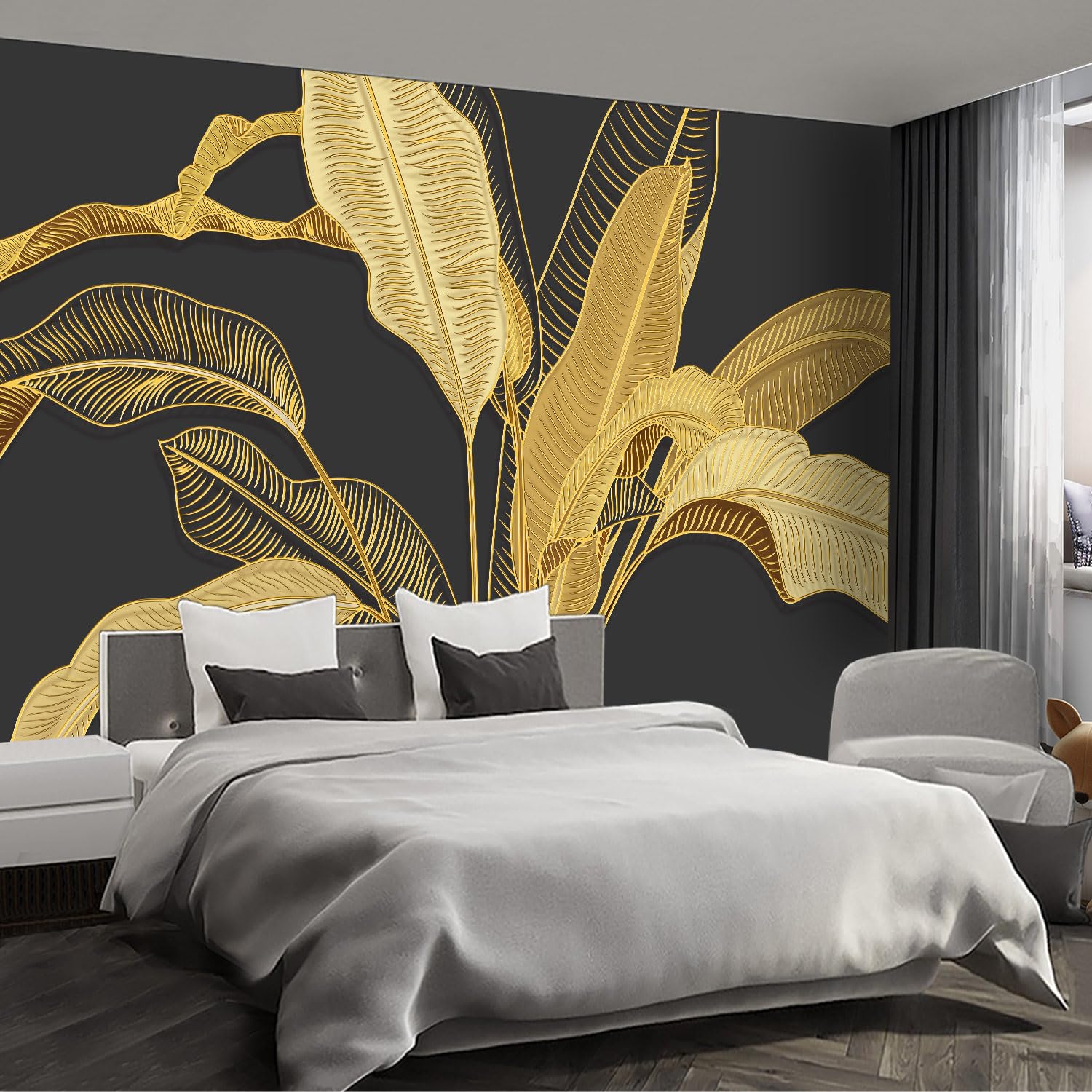 Fightal Black & Gold Banana Leaf Wallpaper - Tropical Botanical Floral Large Wall Mural for Living Room & Bedroom | Non-Peel & Stick | 151x105 Inches | Perfect for Boho Decor, Accent Walls & Tropical Theme Rooms