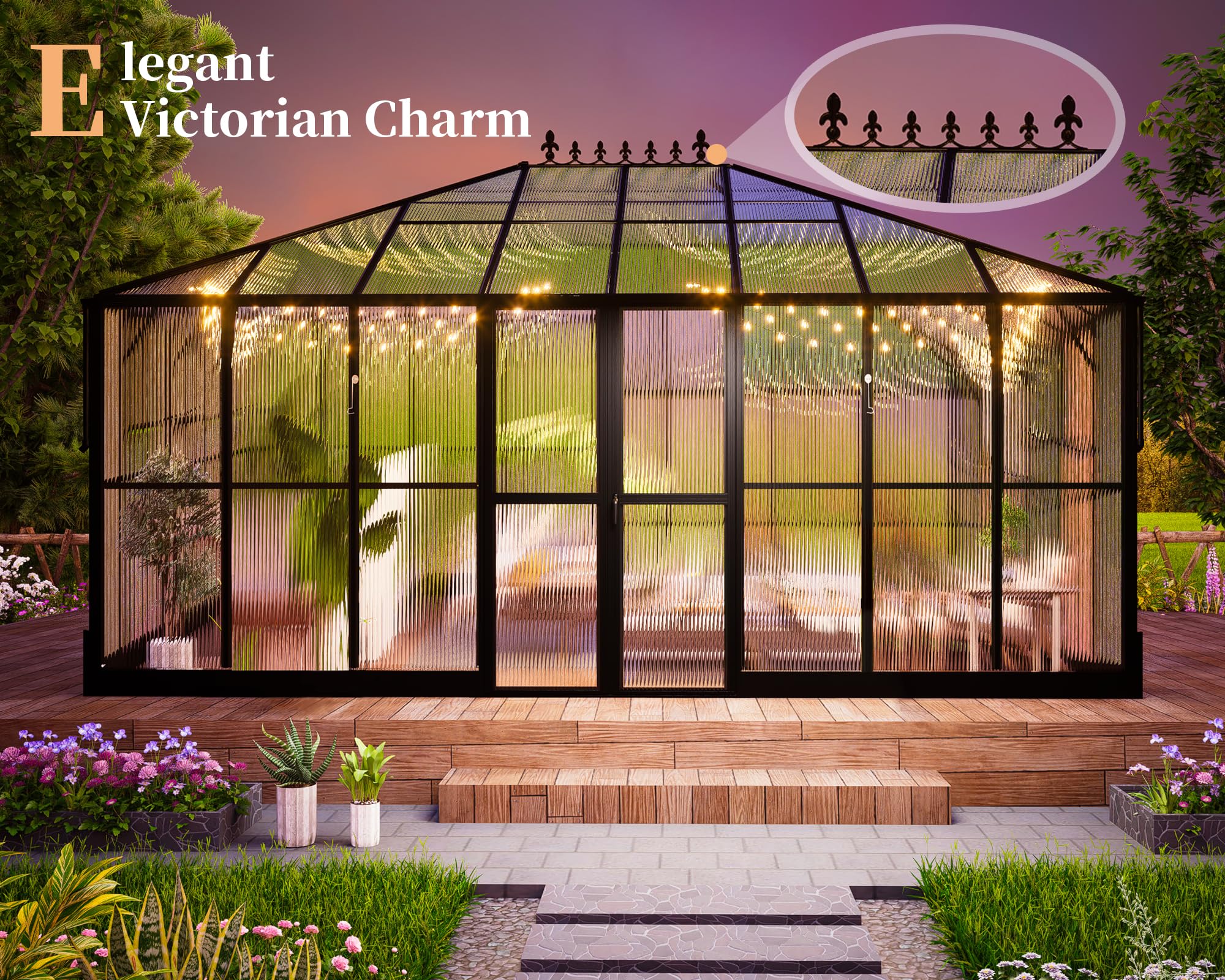 16x12x9.5 FT Pavilion Style Polycarbonate Greenhouse Kit - 4 Vent Windows & Widened Lockable Doors - Durable Outdoor Greenhouse for Gardening, Plant Growing & Sunroom Use