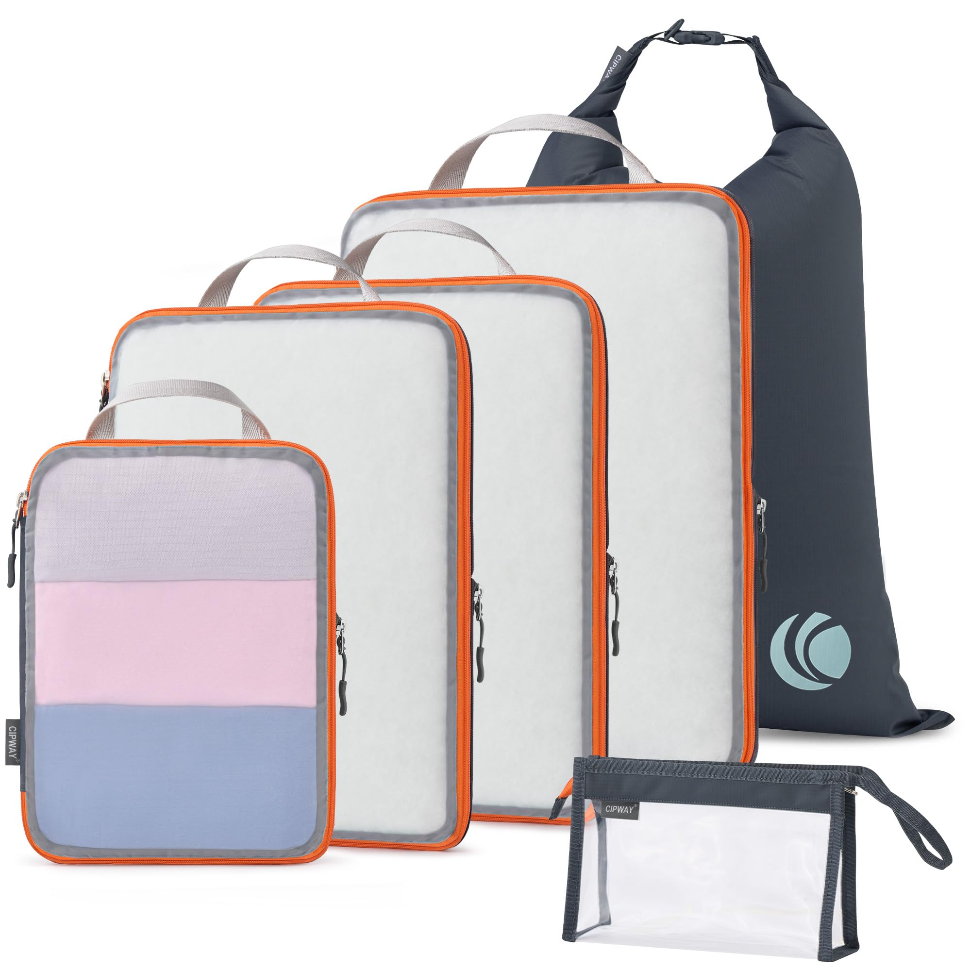 Cipway 6-Piece Compression Packing Cubes Set - Transparent Mesh Luggage Organizer for Travel, Includes Laundry Bag & Clear Toiletries Pouch (Grey) | Perfect for Carry-On Suitcases, Business Trips & Family Vacations