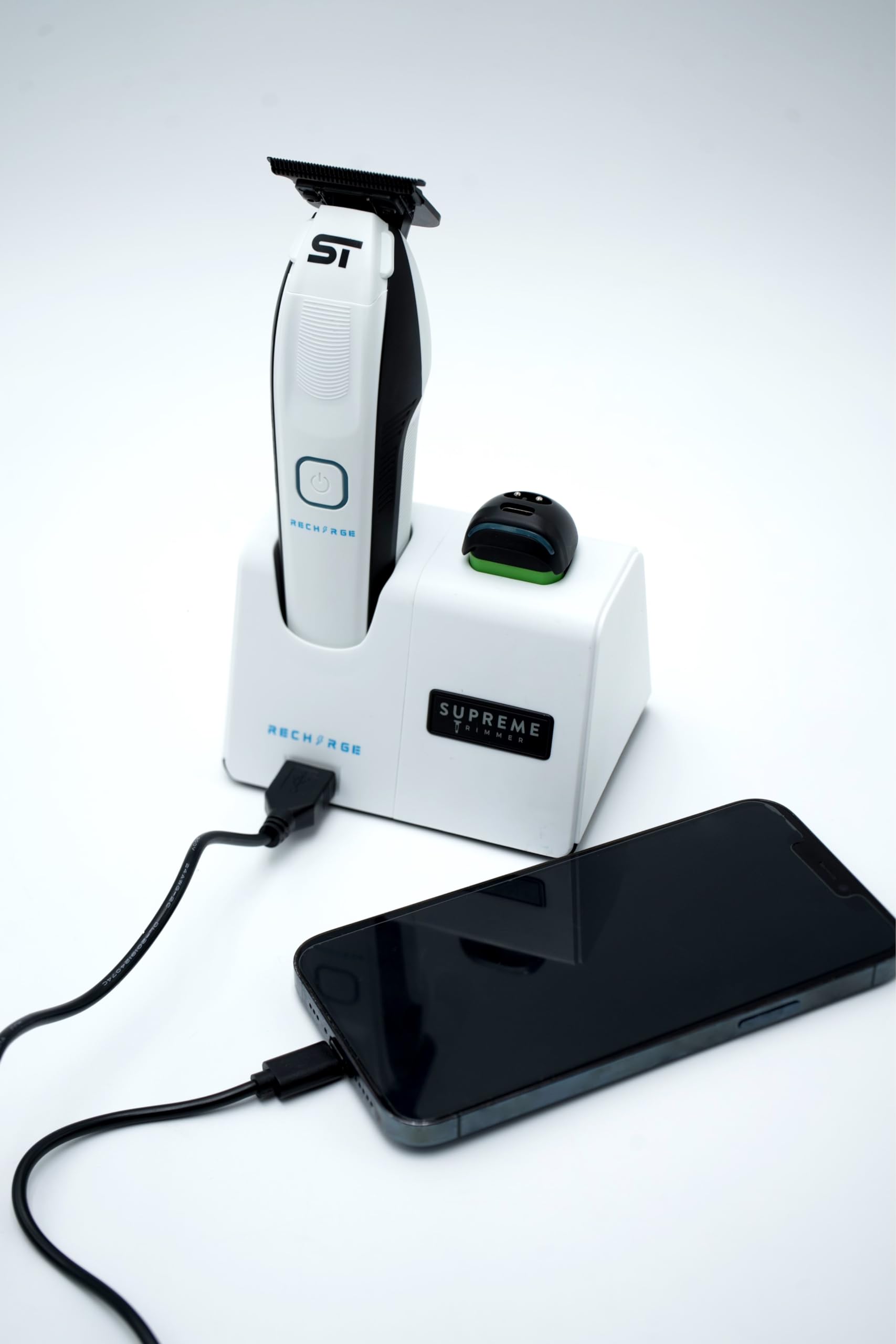 Professional Supreme Trimmer ST777 - Cordless Rechargeable Zero Gap Hair Clipper for Barbers & Stylists | 7500 RPM High Power, Removable Lithium Battery, Smart USB Charging Stand with Phone Charger (White) | Perfect for Salon, Home Haircuts & Beard Trimming