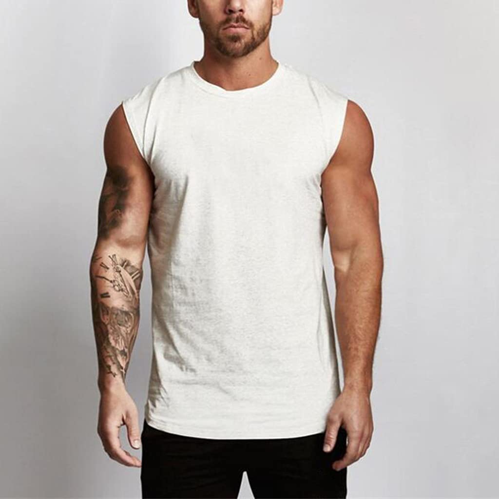 PDGJG Men's Summer Gym Tank Tops - Curved Hem Solid Color Workout Stringer Vest for Bodybuilding & Fitness (White, XL) - Perfect for Gym, Running & Outdoor Training