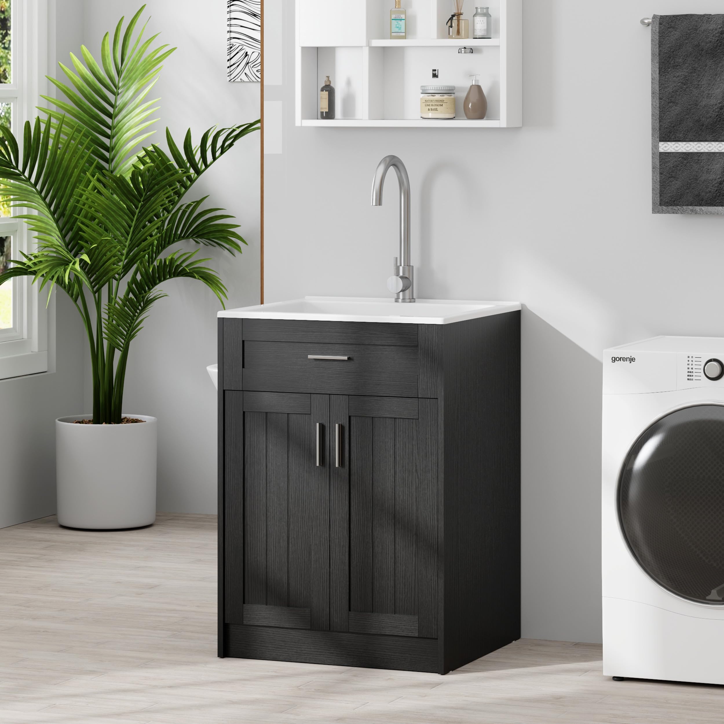 24 Inch Black Laundry Sink with Cabinet - Ceramic Utility Sink with Faucet, Freestanding Bathroom Vanity Combo for Laundry Room, Utility Room, Bathroom, Kitchen & Garage | Perfect for Washing Clothes, Cleaning Tools & Household Chores