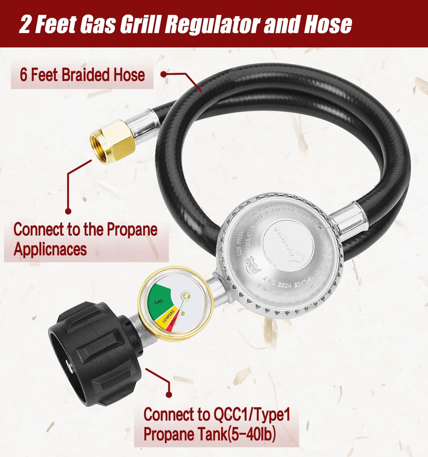 2 Feet Propane Hose with Regulator & Gauge - Universal Gas Grill Hose Kit for Blackstone 28