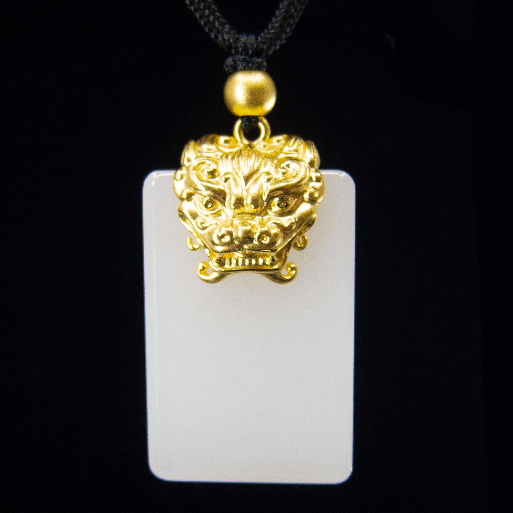 24K Gold Plated Nephrite Jade Auspicious Beast Pendant Necklace with Black Adjustable Rope Chain - Perfect for Spiritual Protection, Feng Shui Gifts, and Elegant Jewelry Collection
