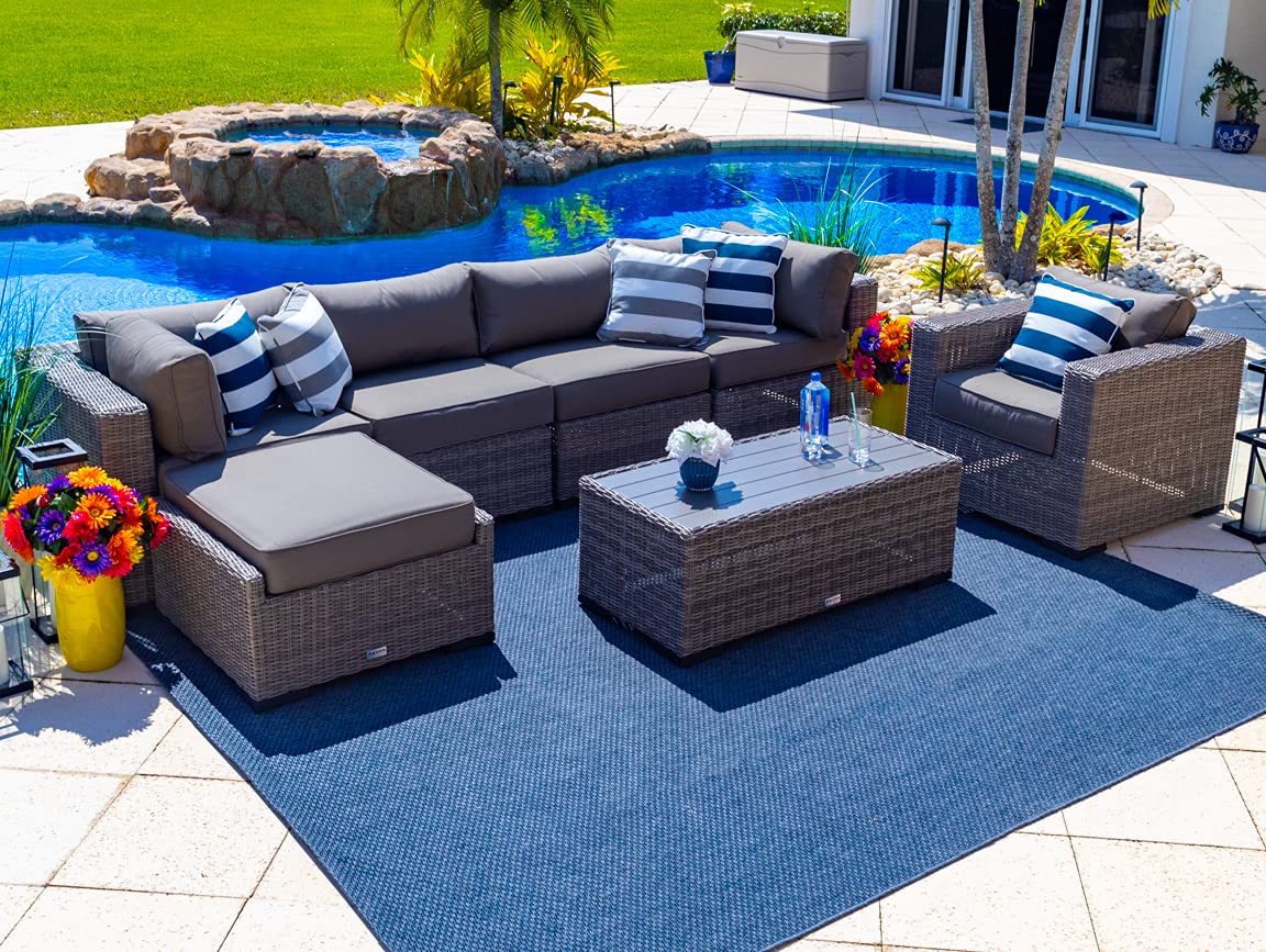 Tuscany 7-Piece Gray Resin Wicker Outdoor Sectional Sofa Set with Modular Sections, Armchair, Ottoman & Coffee Table - Perfect for Patio, Garden, Poolside & Backyard Relaxation