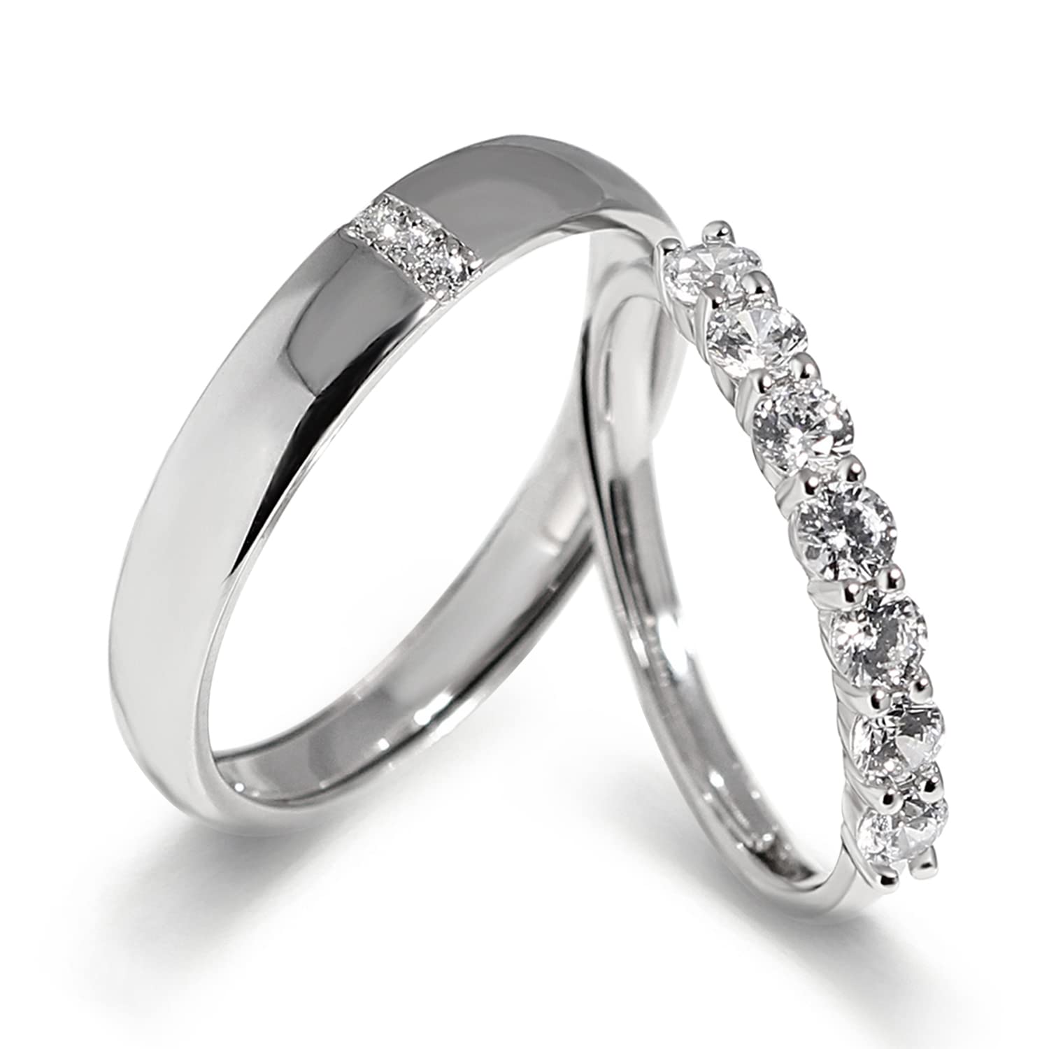 Meissa Sterling Silver Couple Rings - Dainty Wedding Bands for Men & Women, Promise Rings with 7 Cubic Zirconia Stones, Matching Adjustable Size (Set of 2) - Perfect for Anniversaries, Engagements & Romantic Gifts