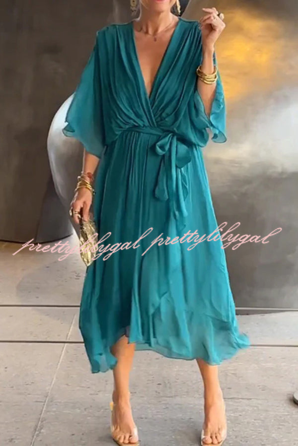 Elegant Solid Color V-Neck Batwing Sleeve Lace-Up Asymmetrical Hem Midi Dress for Women | Party, Cocktail, Wedding & Evening Occasions