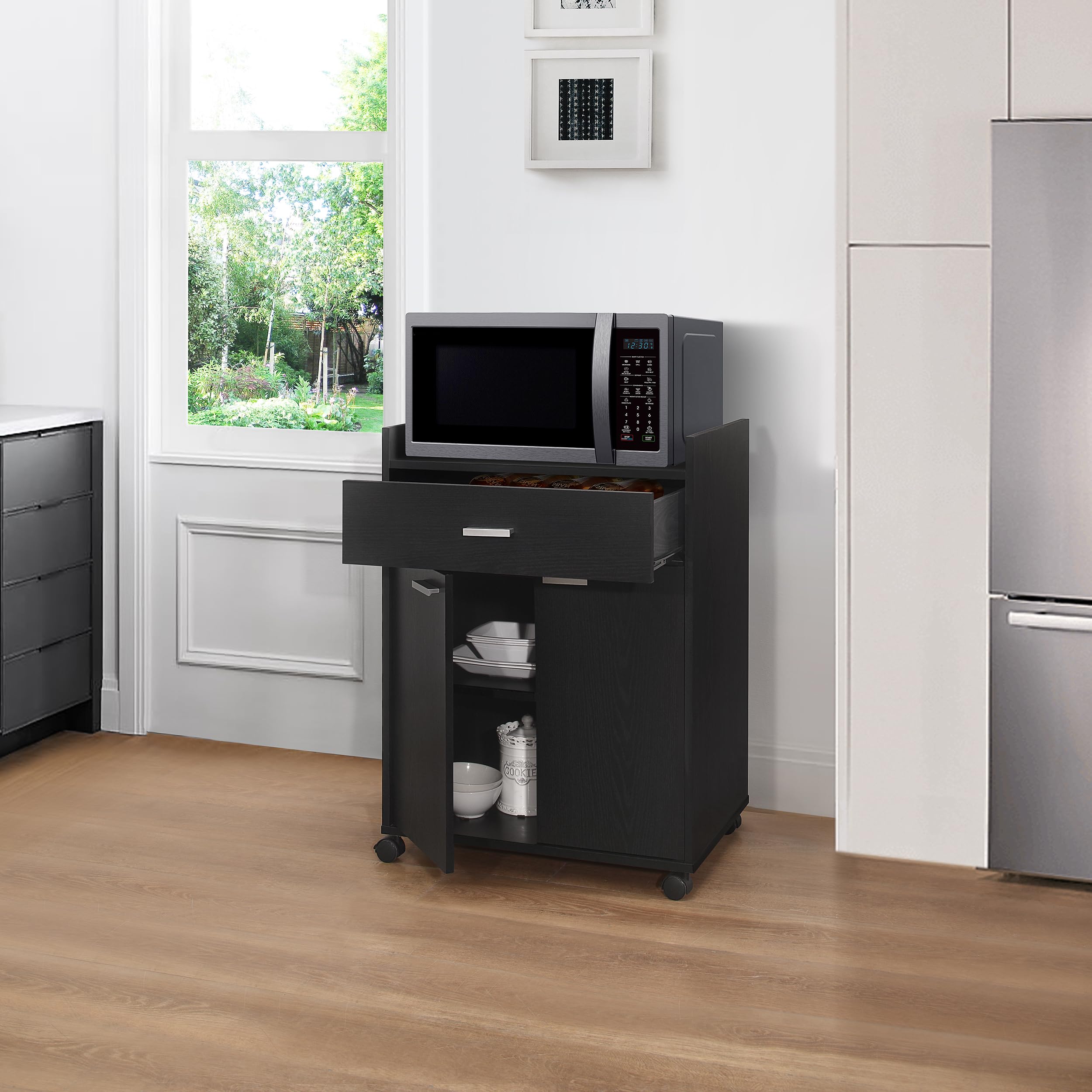 Kings Brand Kitchen Cabinet Rolling Cart with Wheels - Microwave Shelf Stand with Drawer & 2 Doors for Kitchen & Dining Room - Black | Space-Saving Storage Solution for Small Kitchens & Apartment Living