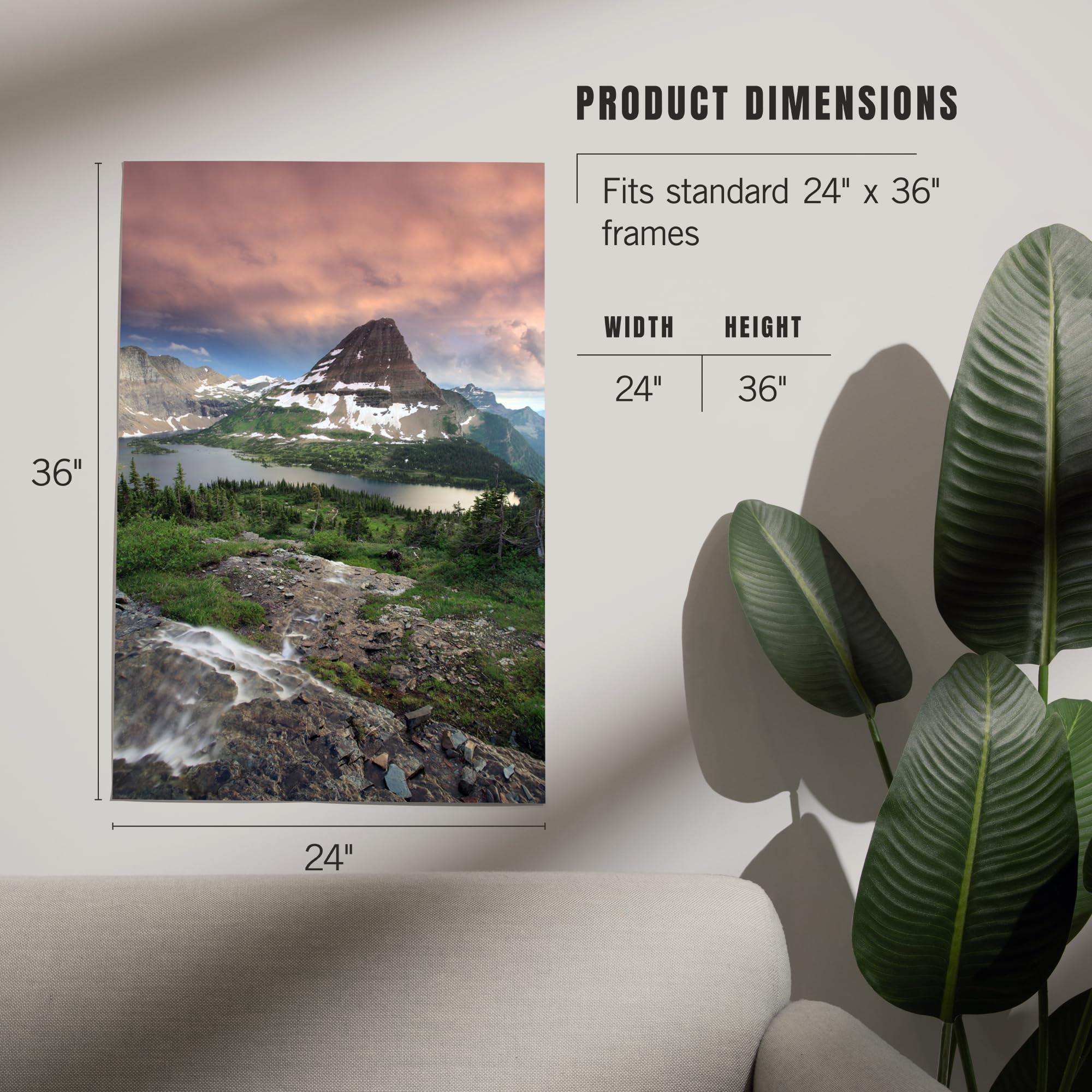 Lantern Press 24x36 Inch Giclee Art Print - Glacier National Park Montana Landscape Wall Decor Featuring Hidden Lake & Bearhat Mountain Sunrise - Premium Home & Office Artwork for Living Room, Bedroom, or Office Decoration