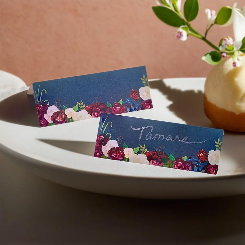 Elegant Navy Floral Wedding Place Cards & Holders - 50-Piece Set for Table Settings, Bridal Showers, Receptions & Special Events - Premium Party Favors & Decorative Table Name Cards