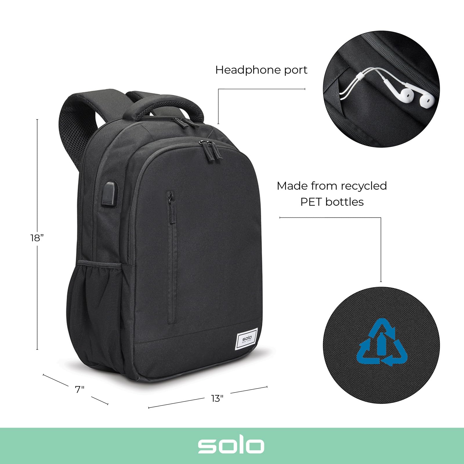 Solo New York Re:Define Laptop Backpack for 15.6 Inch Laptop - Durable Water-Resistant Business Backpack with USB Charging Port - Perfect for Work, Travel & College Students (Black)