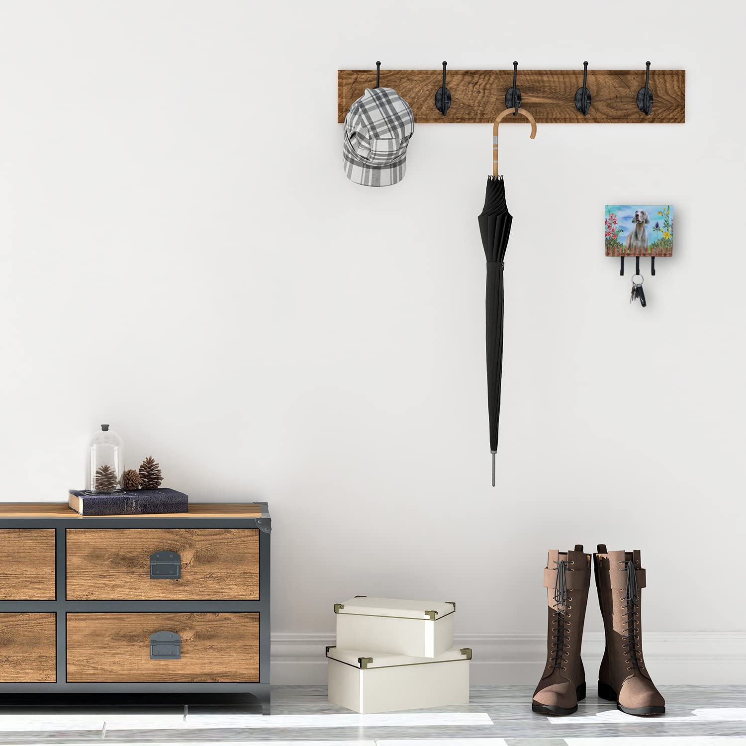 Weimaraner Themed Wall Mount Key Holder & Coat Rack - Spring Leash Hooks for Keys, Towels, Aprons - Rustic Home Entryway Organizer (Perfect for Pet Owners & Farmhouse Decor)