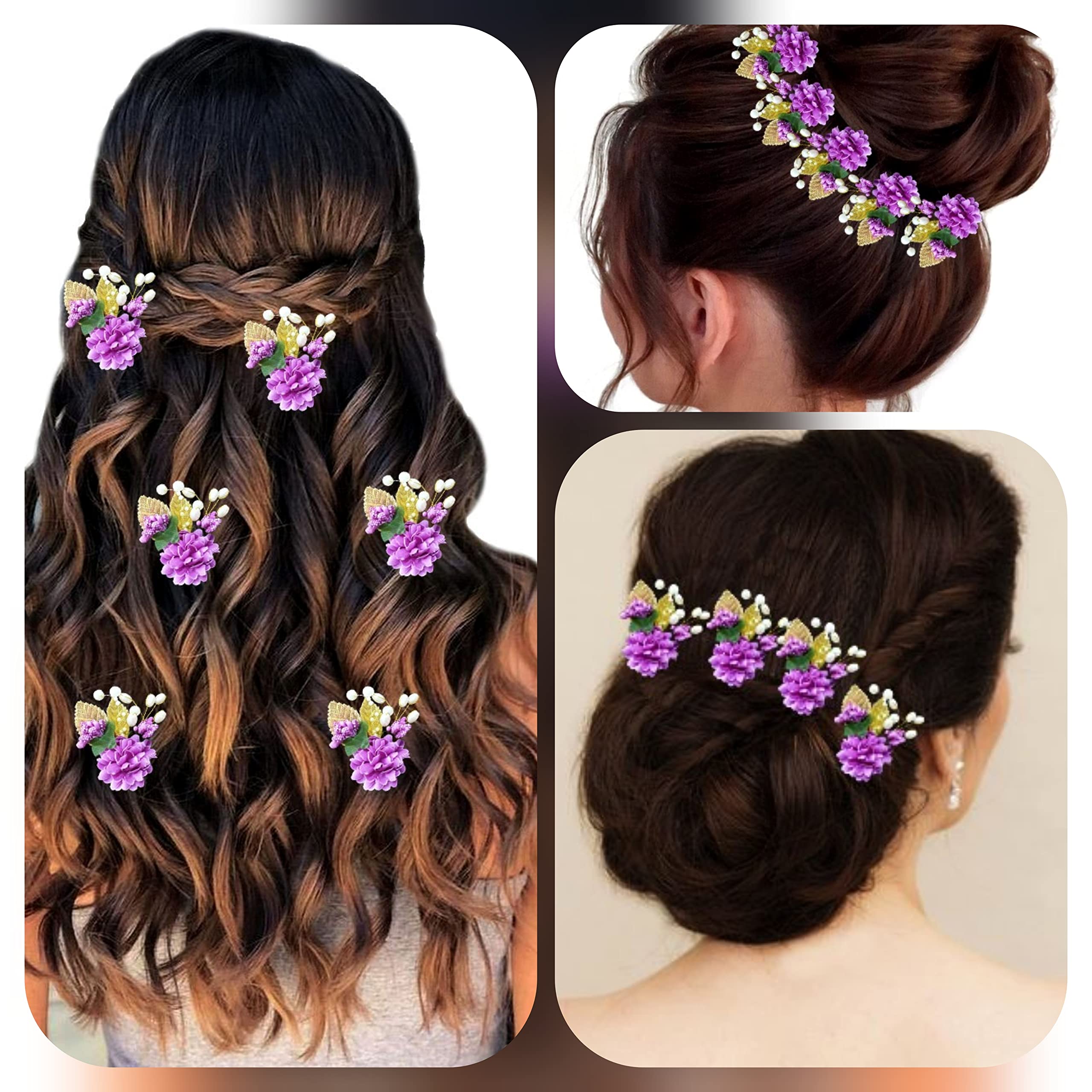 6 Pack Purple Pearl & Metal Leaf Floral Hair Clips for Women & Girls - Elegant Bridal Hair Accessories, Side Judapin for Weddings, Parties & Special Occasions