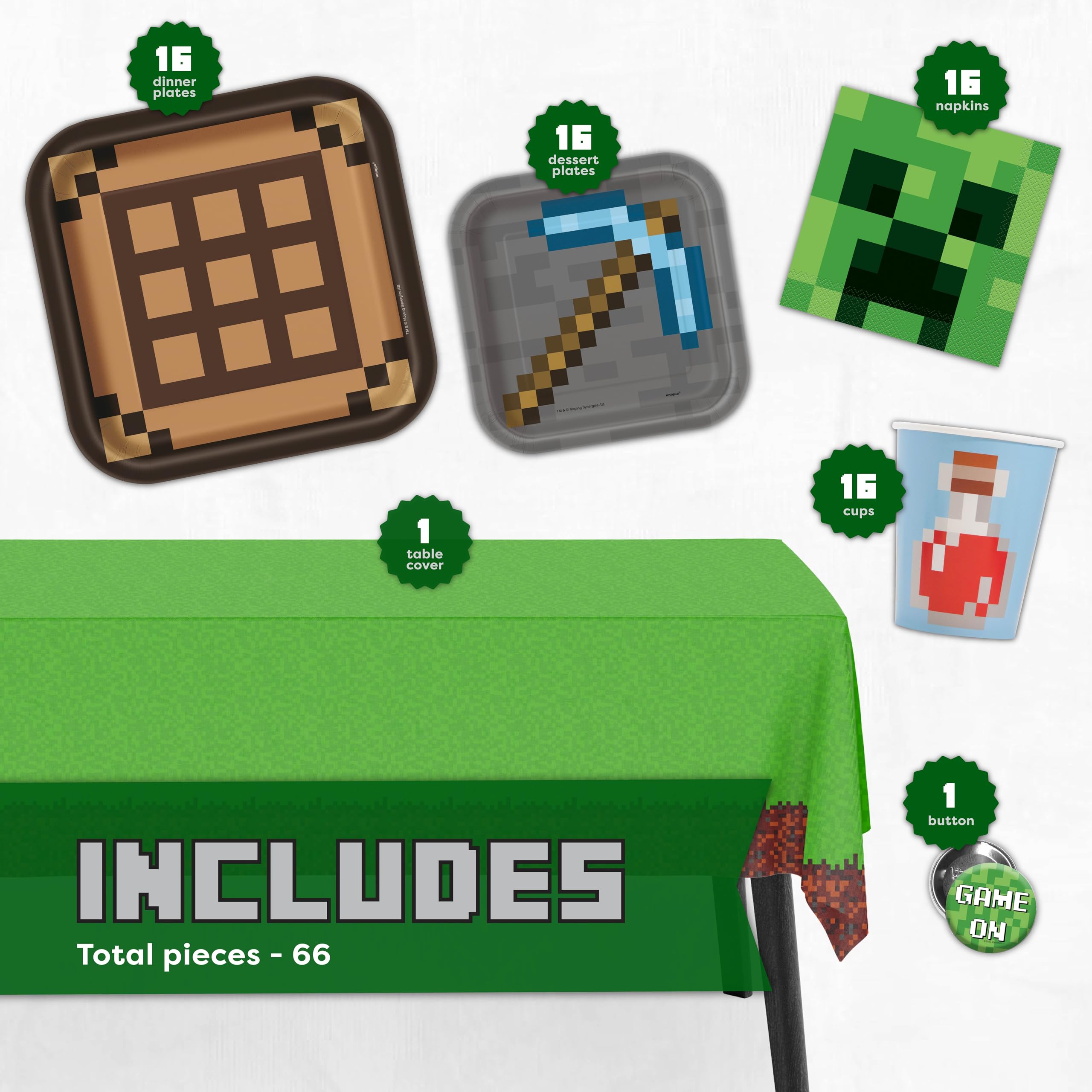 Minecraft Party Supplies Set for 16 Guests - Includes Table Cover, Plates, Napkins, Cups & Buttons - Perfect for Birthday Parties, Themed Events & Gaming Celebrations