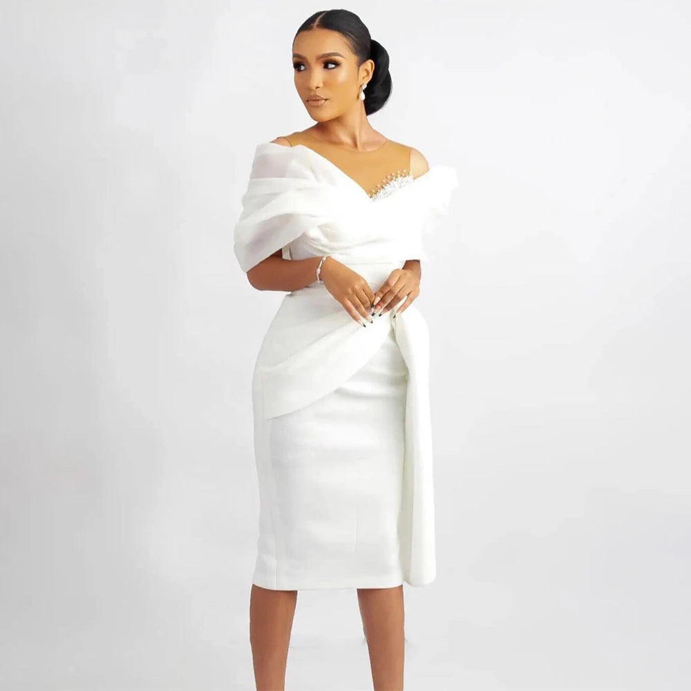 2023 Off Shoulder White Short Wedding Dress with Beaded Details - Knee Length Bridal Gown for Beach, Courthouse & Destination Weddings