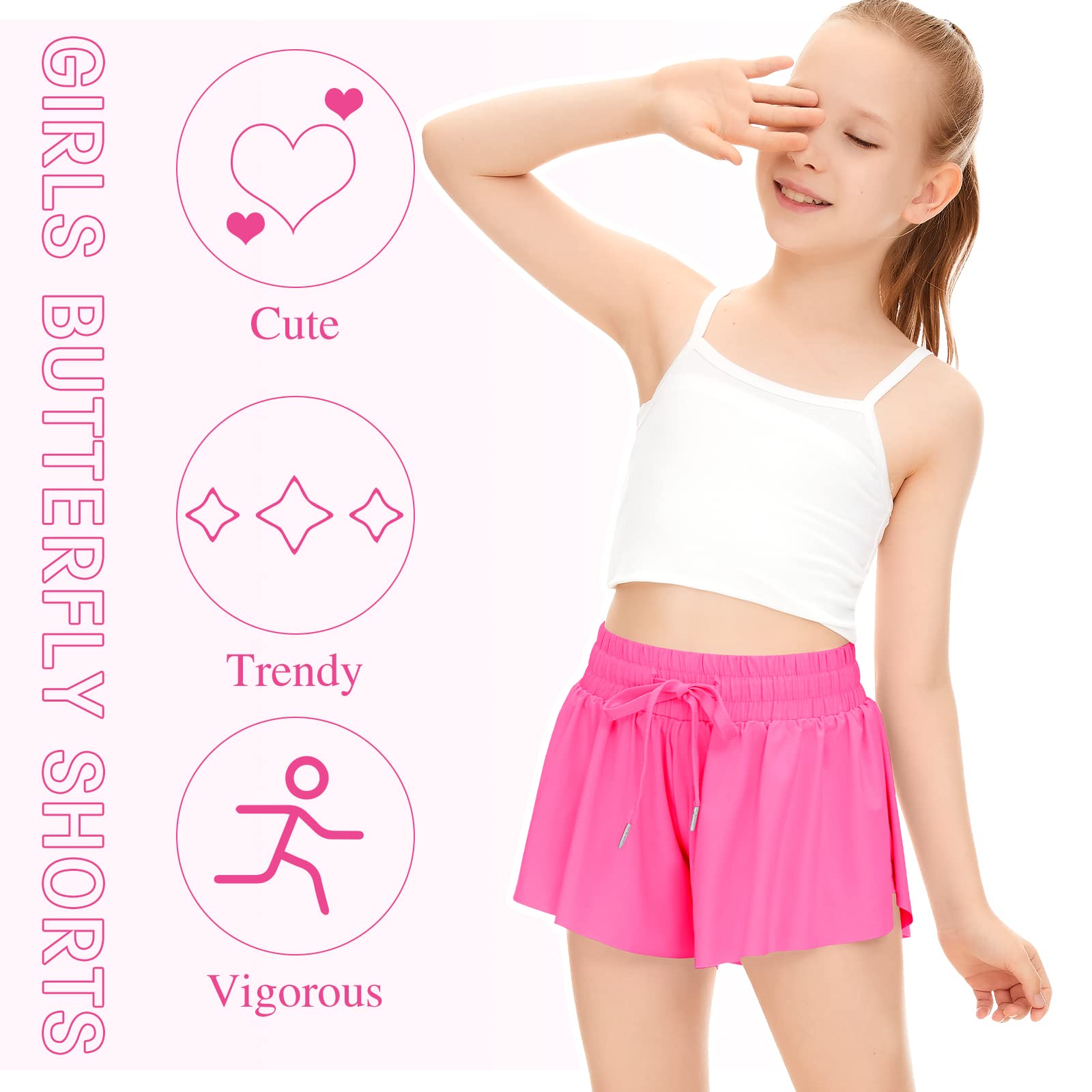 Girls Athletic Running Shorts with Pockets - 2-in-1 Butterfly Shorts for Teens & Youth | Breathable Spandex Workout Shorts for Sports, Gym & Casual Wear