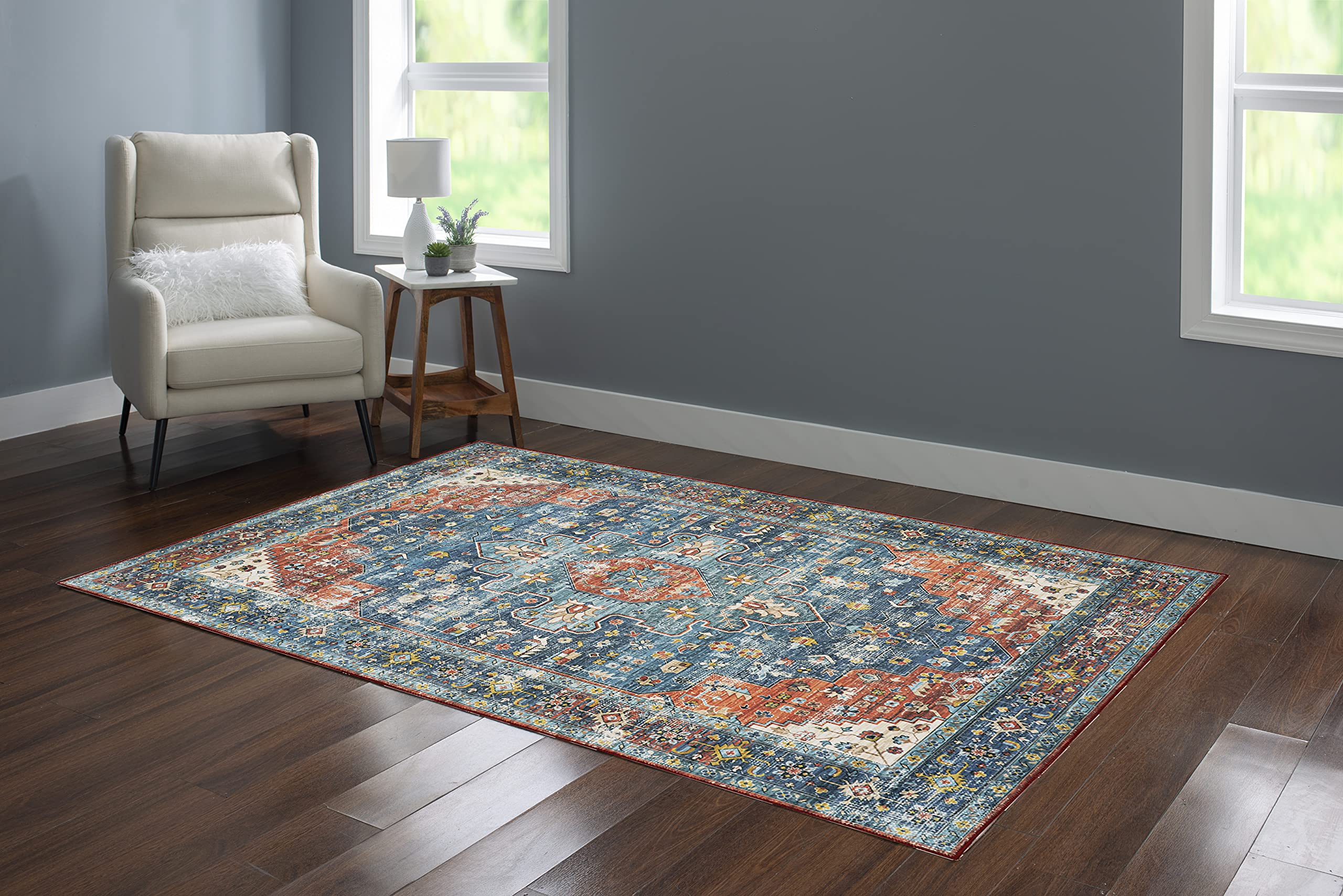 Linon Home Decor Washable Rug 5' x 7' Area Rug - Beasley Teal & Rust Pattern, Non-Slip Soft Indoor/Outdoor Carpet for Living Room, Bedroom, Patio