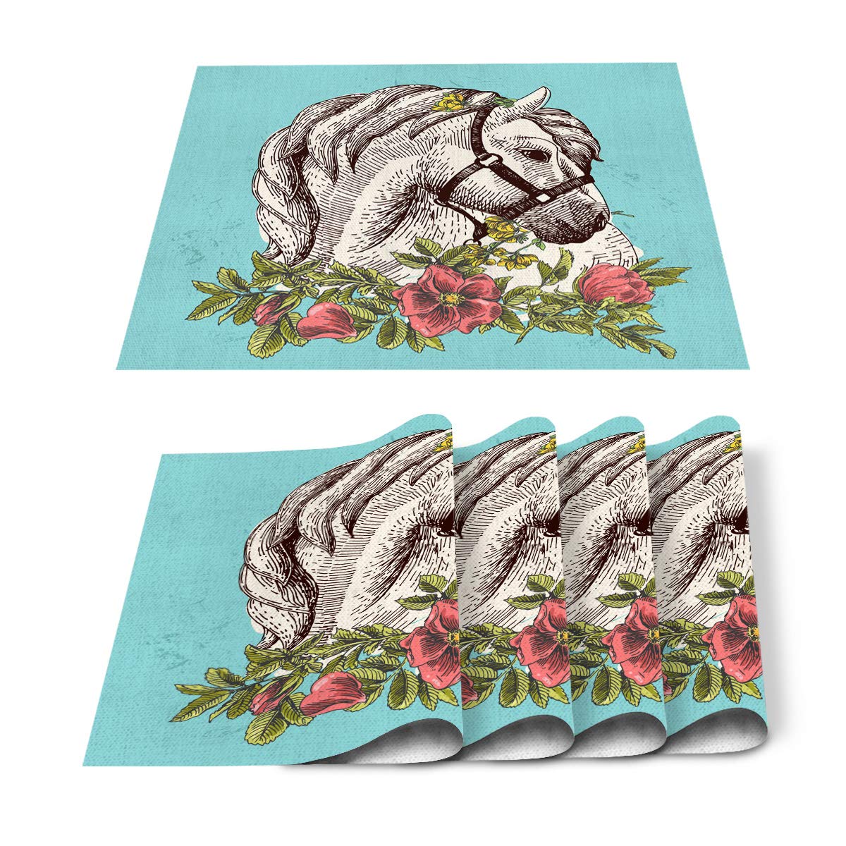 Bohemian White Horse Floral Placemats Set of 4 - Heat-Resistant, Non-Slip Washable Cotton Linen Table Mats for Dining Table Decor - Perfect for Kitchen, Party, Banquet & Home Decor